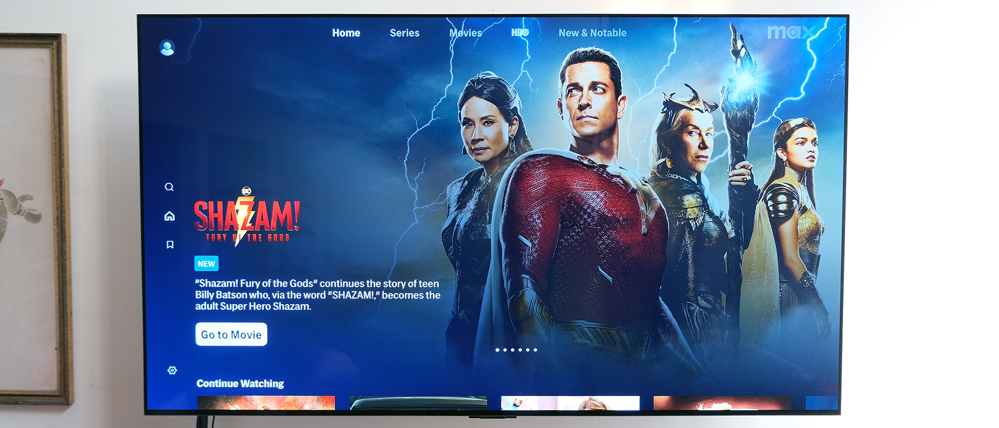 The home screen of the HBO Max streaming app has Shazam: Fury of the Gods advertised