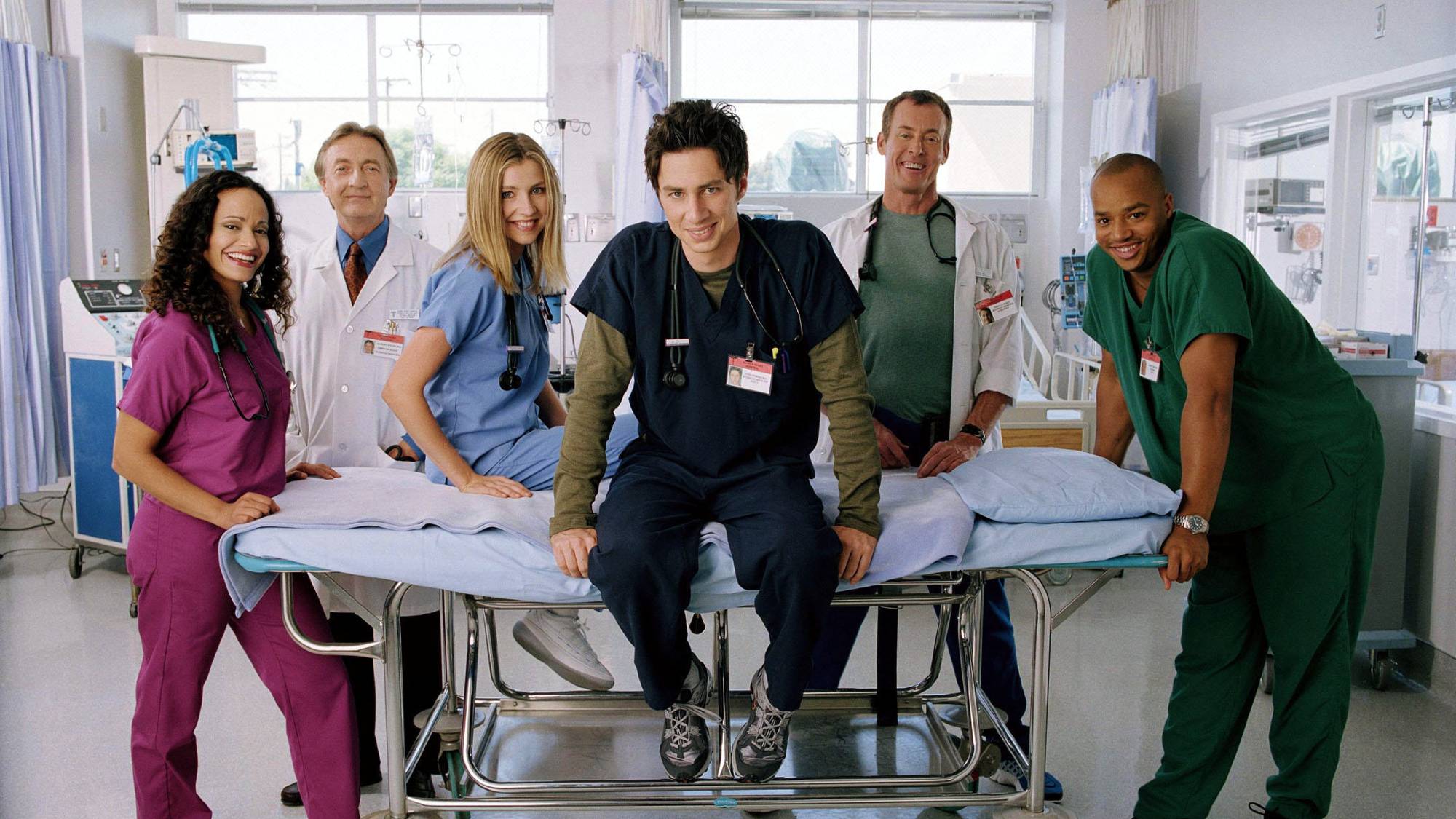 Scrubs cast members [L-R] JUDY REYES as Nurse Carla Espinosa, KEN JENKINS as Dr.Bob Kelso, SARAH CHALKE as Dr. Elliot Reid, ZACH BRAFF as Dr. J.D. Dorian, JOHN C. MCGINLEY as Dr. Perry Cox, DONALD FAISON as Dr. Chris Turk
