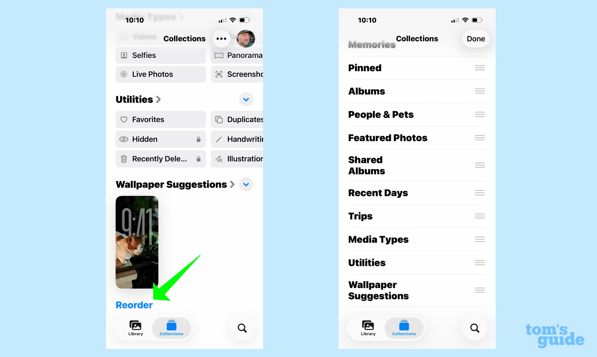 הזמנת אוספים מחדש ב- iOS 26 תמונות