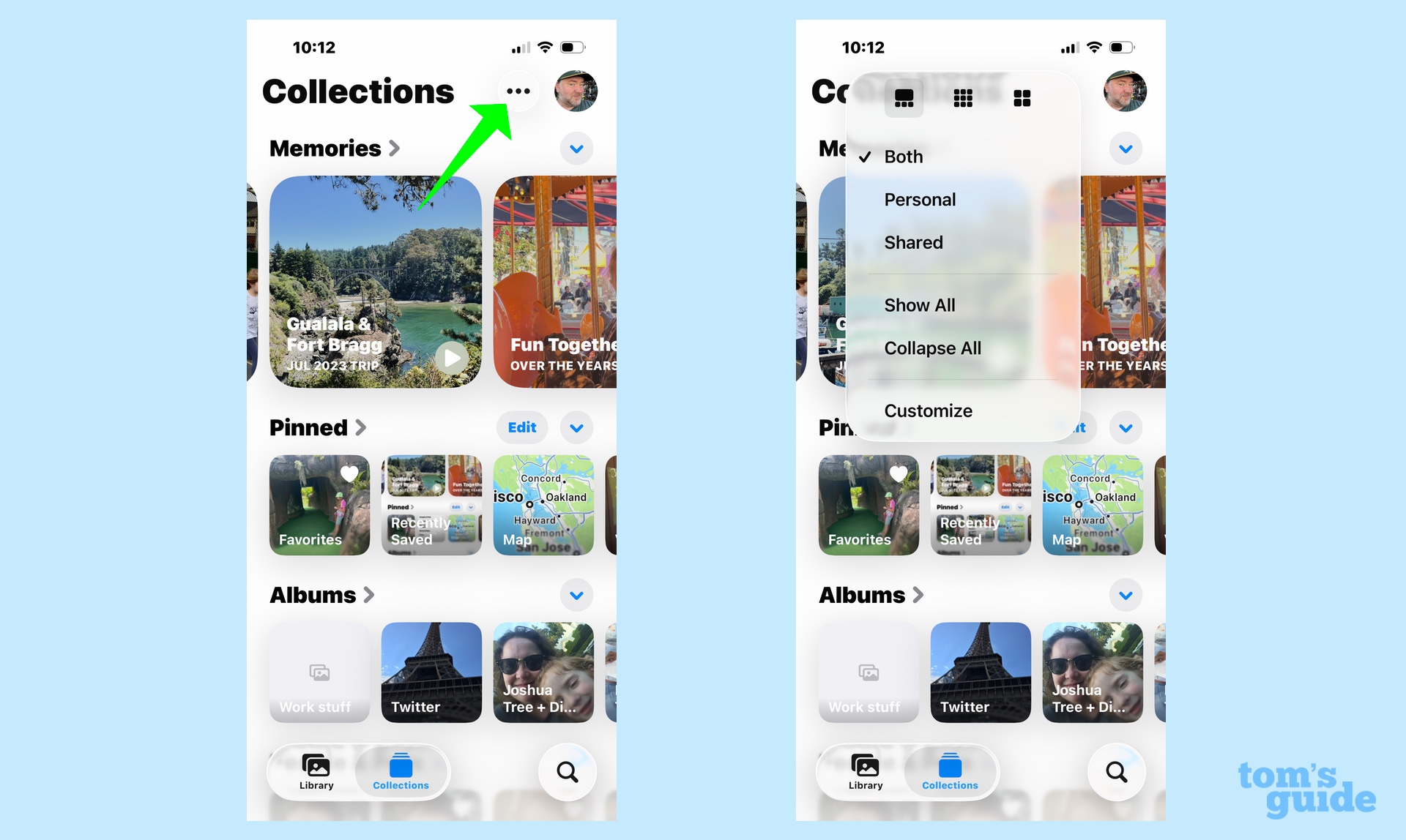 iOS 26 אפליקציה של תמונות הגישה לתפריט יותר בכרטיסייה אוספים כדי להתאים אישית את הפריסה
