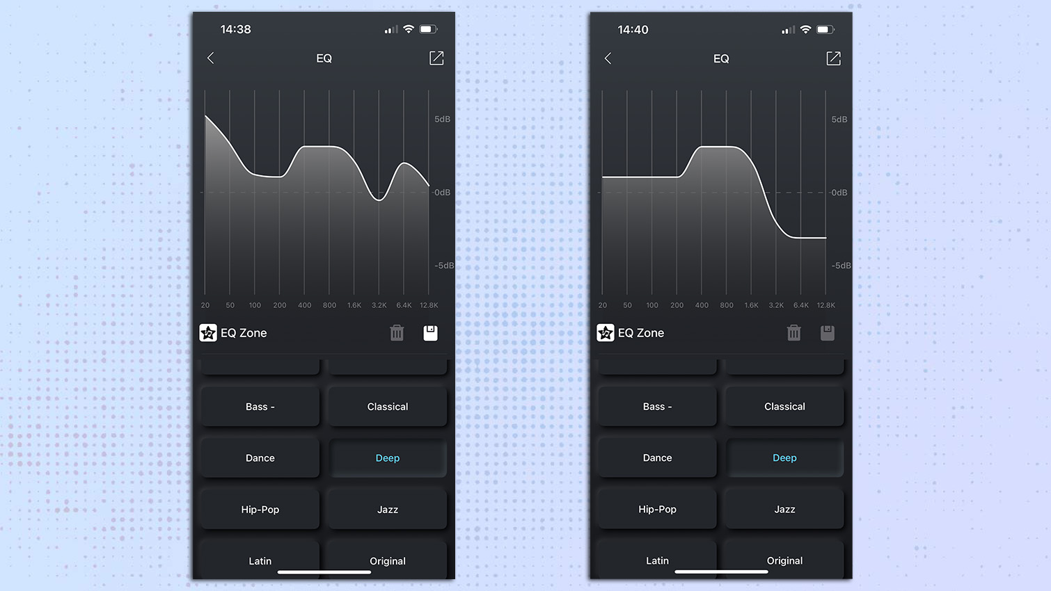 צילום מסך מאפליקציית Tozo עבור רמקול ה- Bluetooth של Tozo PE1 המציג את ה- EQ העמוק ואת EQ המותאם אישית.