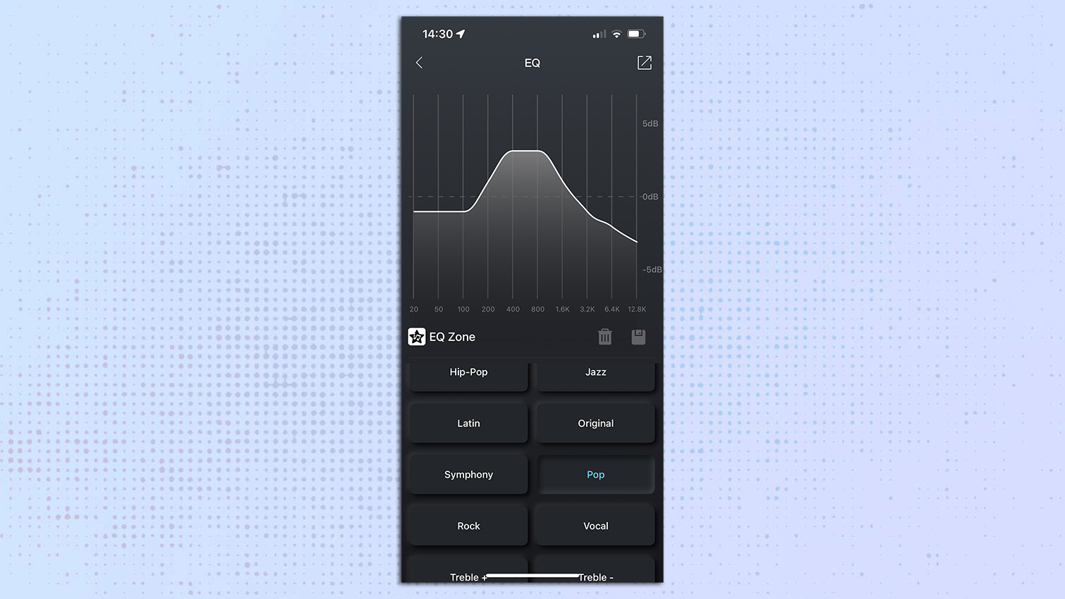 צילום מסך מאפליקציית Tozo עבור רמקול ה- Bluetooth של Tozo PE1 המציג את הגדרות ה- POP EQ.