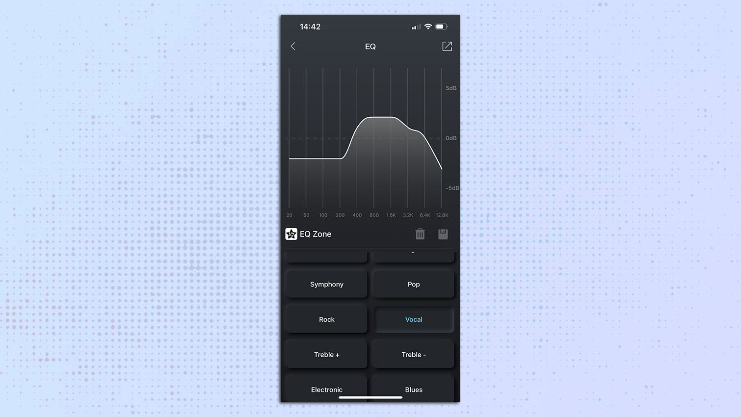 צילום מסך מאפליקציית Tozo עבור רמקול ה- Bluetooth של Tozo PE1 המציג את הגדרות ה- EQ הקוליות