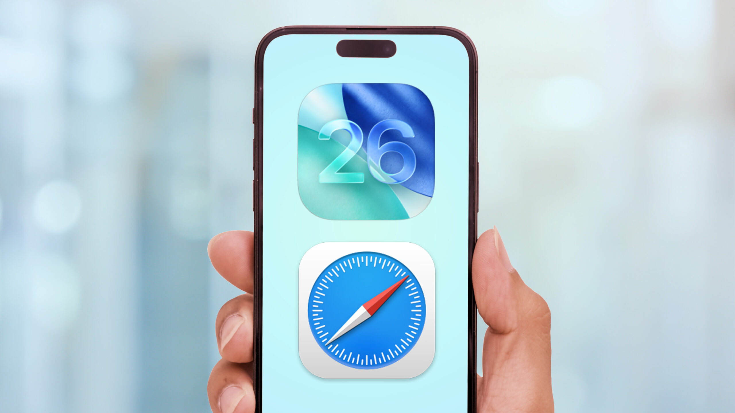 safari and iOS 26 logos on a phone