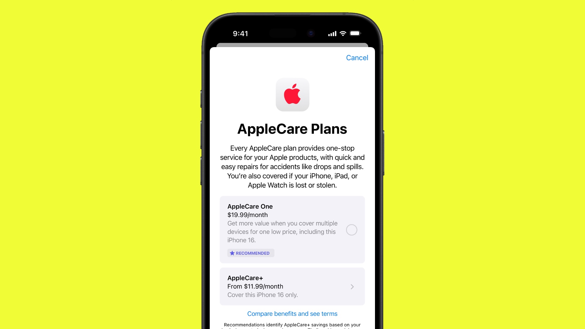מסך תוכניות AppleCare באייפון המציג AppleCare One ו- AppleCare+ תמחור