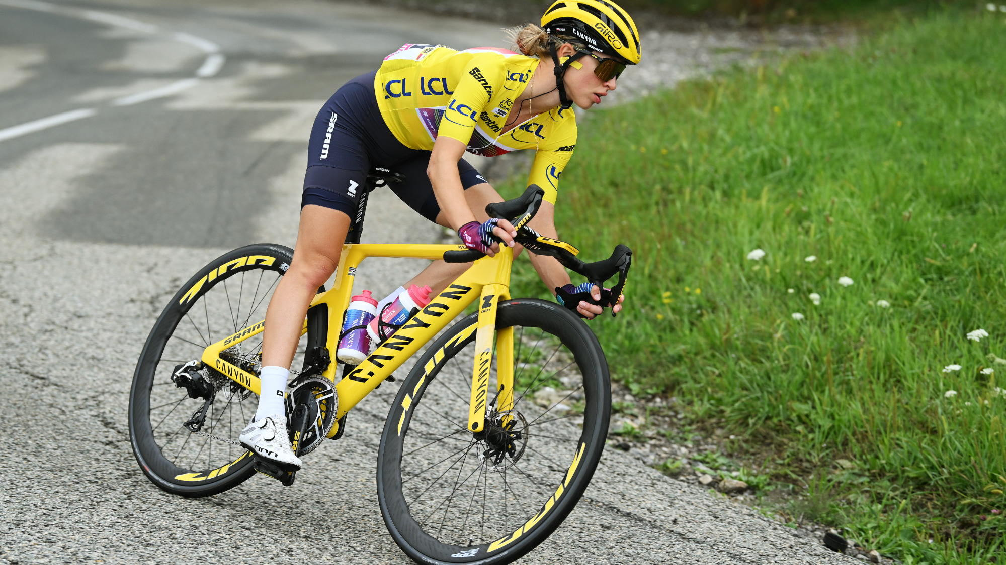 Katarzyna Niewiadoma of Poland and Team Canyon//SRAM Racing - Yellow leader jersey competes during the 3rd Tour de France Femmes 2024, Stage 8 a 149.9km stage from Le Grand-Bornand to Alpe d'Huez 1828m / #UCIWWT / on August 18, 2024 in Alpe d'Huez, France.