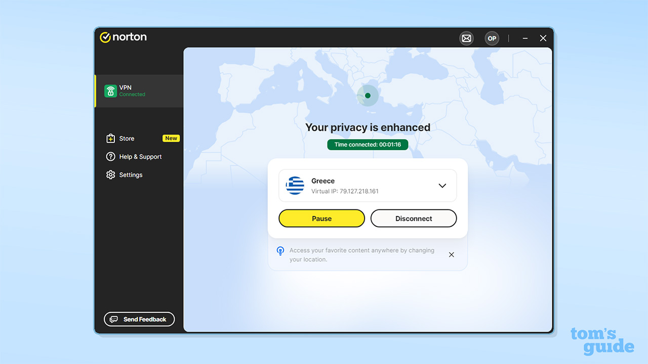 צילום מסך של ממשק Norton VPN ' כאשר הוא מחובר לשרת