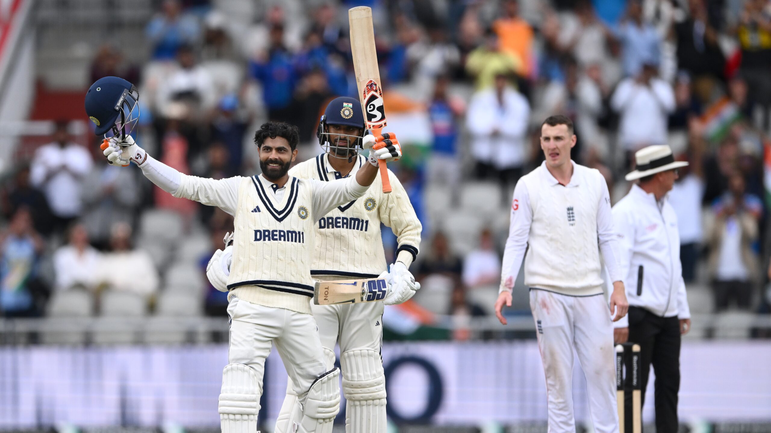 India batsman Ravindra Jadeja celebrates his century with Washington Sundar during day five of the 4th Test Match between England and India