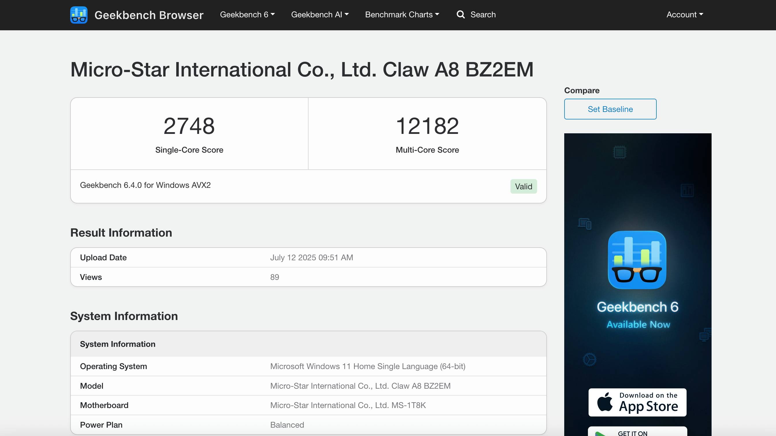 צילום מסך של MSI Claw A8 עם AMD Ryzen Z2 מדדי קיצוניות על GeekBench