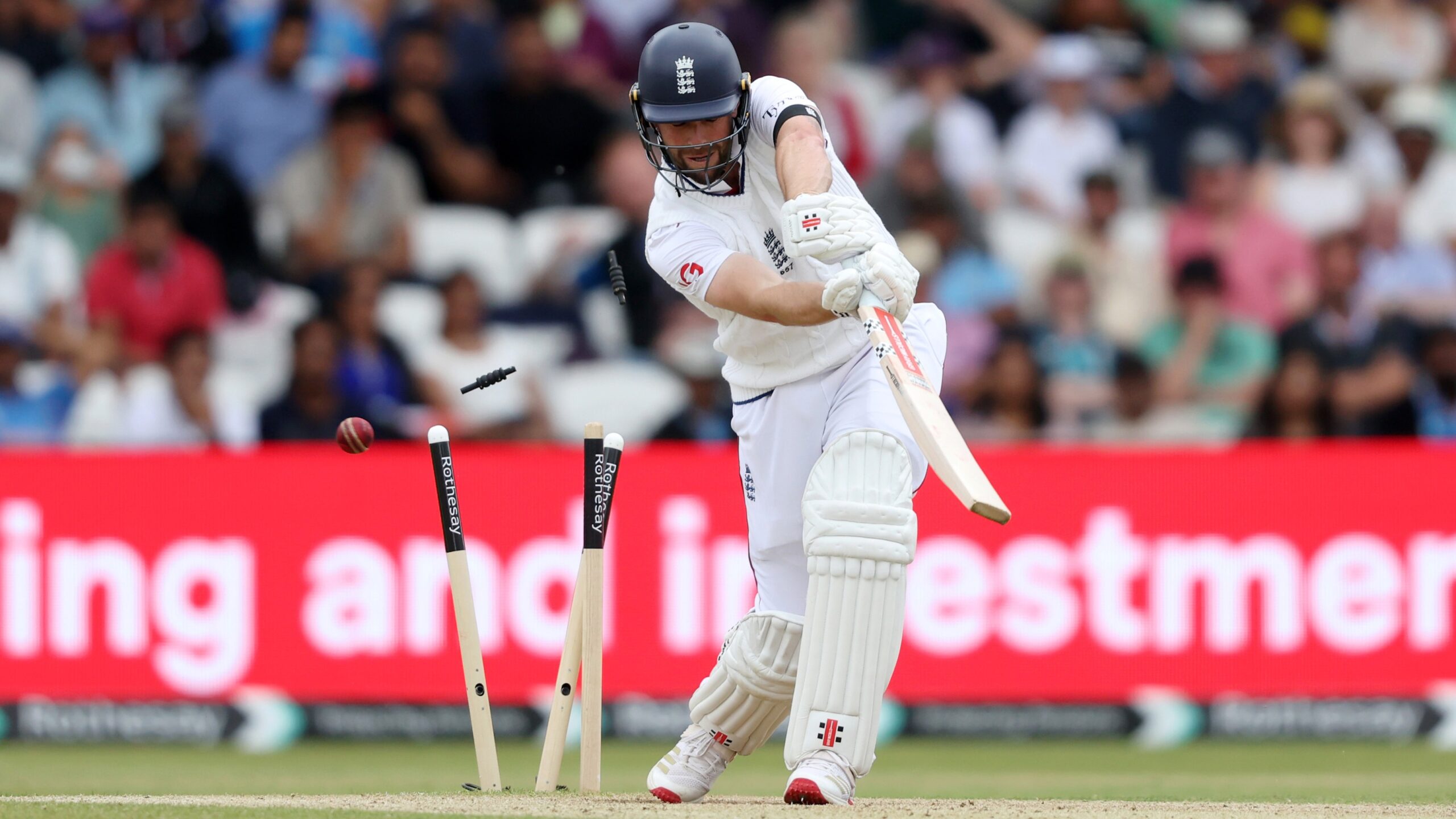 Chris Woakes of England Cricket is bowled by India's Jasprit Bumrah at Headingley, Leeds.