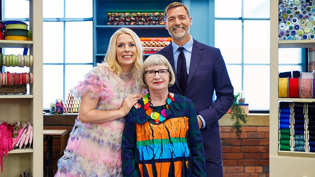 The Great British Sewing Bee season 11 2025 judges Patrick Grant (right) and Esme Young (center) with host Sara Pascoe (left)