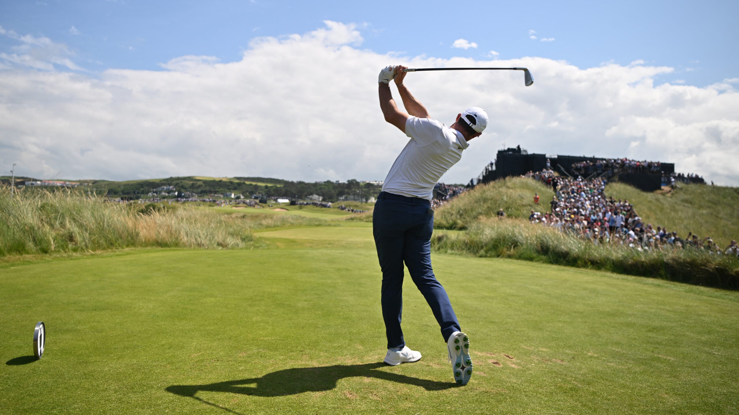 Northern Ireland's Rory McIlroy plays from the 8th tee during practice ahead of the 153rd Open Championship at Royal Portrush golf club in Northern Ireland on July 16, 2025