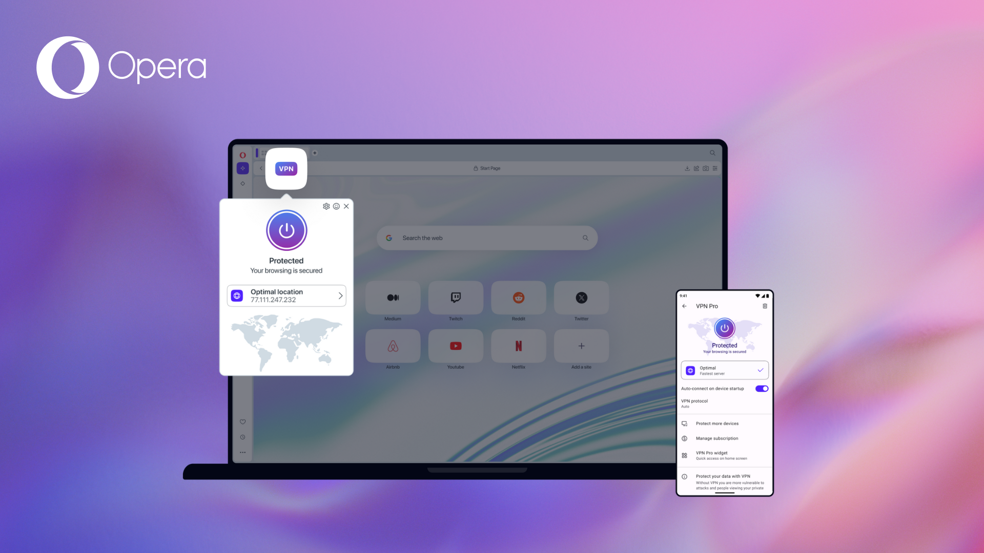 Opera VPN PRO המשמשת על מסך מחשב נייד