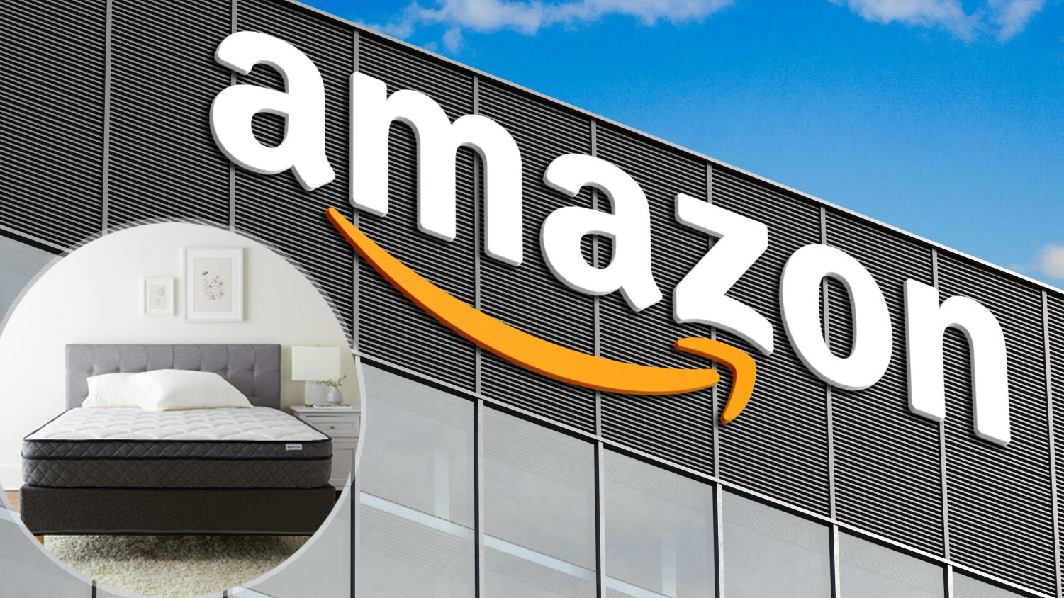 The Amazon logo on the side of an Amazon warehouse, in the bottom left corner, an imposed image of the Amazon Basics Premium Foam Eurotop Mattress included in the recall