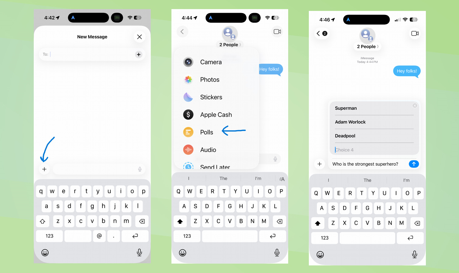 צילומי מסך של iOS 26 כיצד ליצור סקרים בהודעות.