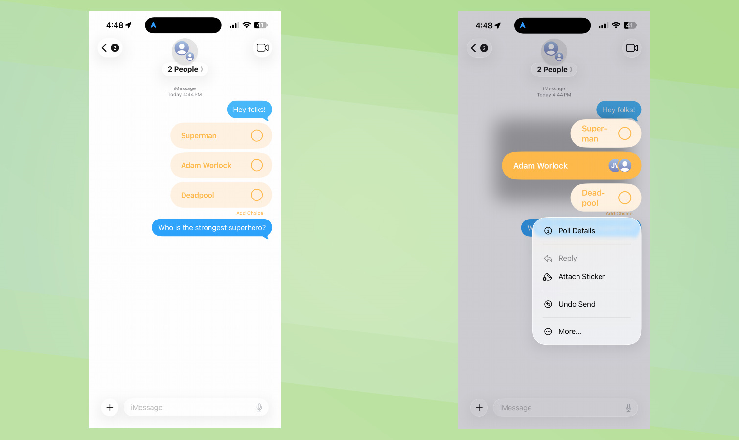 צילומי מסך של iOS 26 כיצד ליצור סקרים בהודעות.