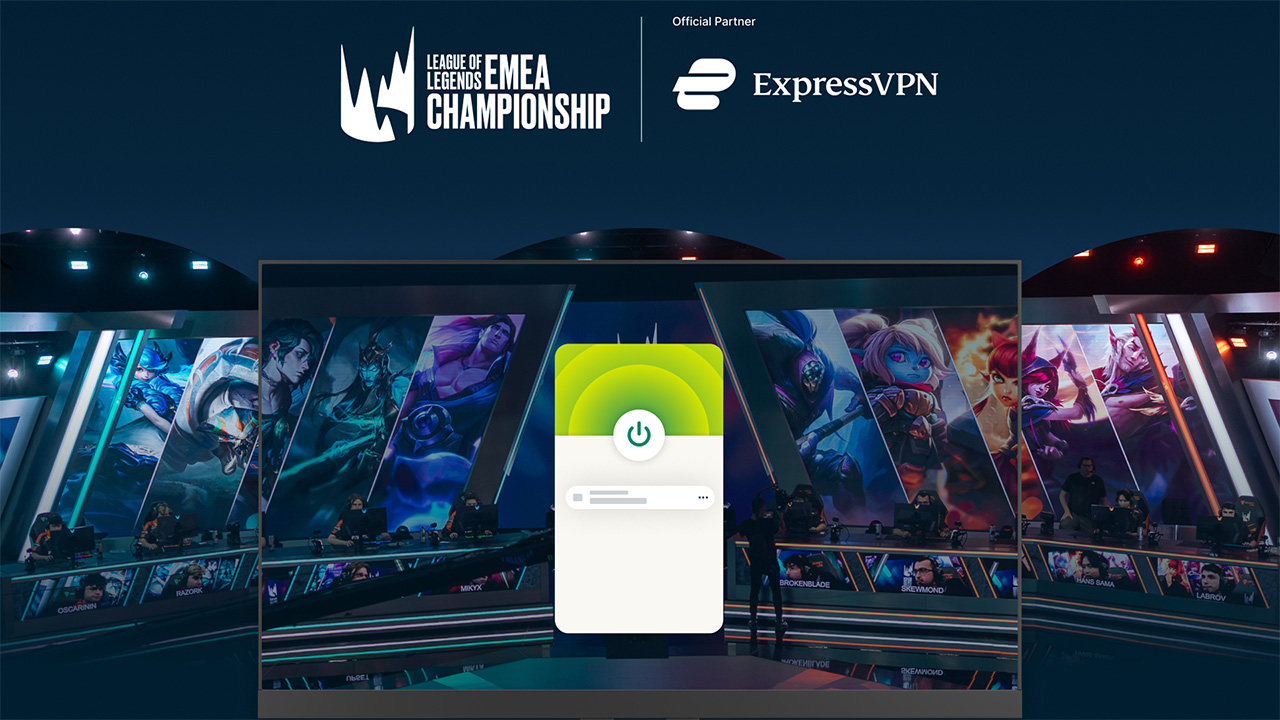 ExpressVPN ו- League of Legends Emea Promo Image. הלוגו של האליפות והלוגו של ExpressVPN מוצגים שניהם בלבן. ניתן לראות שורה של גיימרים וגרפיקה של אפליקציית ExpressVPN
