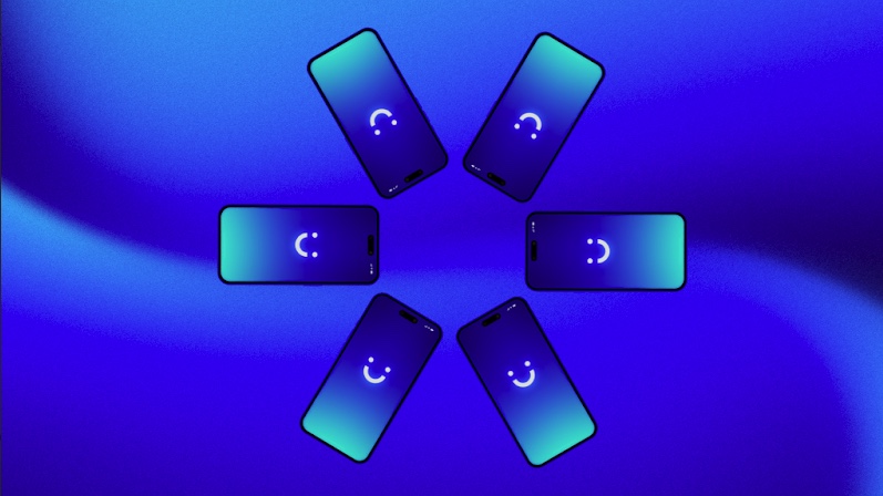 six phones with visible wireless logo appearing on the screen arranged in a circle