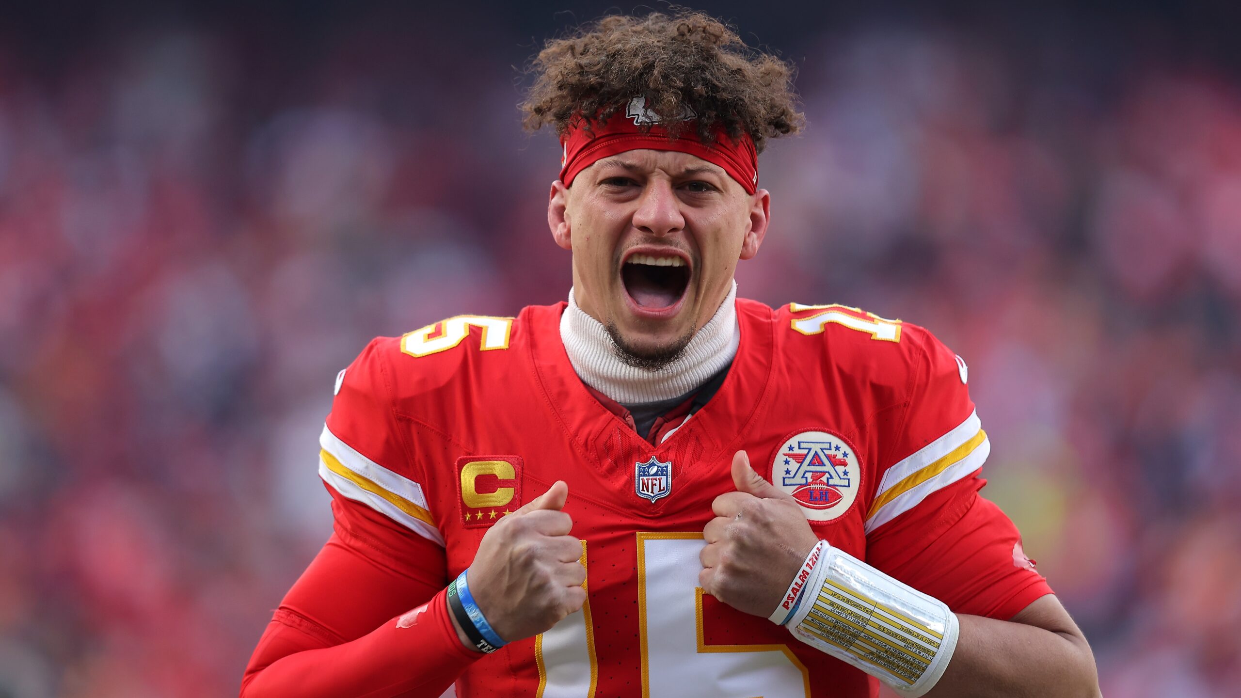 Patrick Mahomes #15 of the Kansas City Chiefs reacts prior to the AFC Divisional Playoff against the Houston Texans at GEHA Field at Arrowhead Stadium on January 18, 2025 in Kansas City, Missouri.