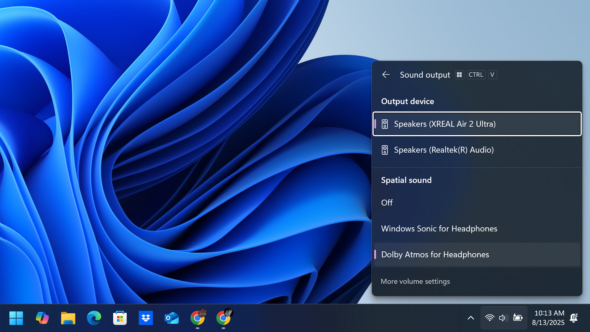 תפריט פלט אודיו של Windows 11