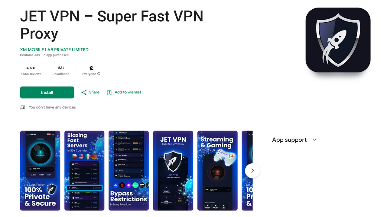 צילום מסך של סילון VPN בחנות Google Play
