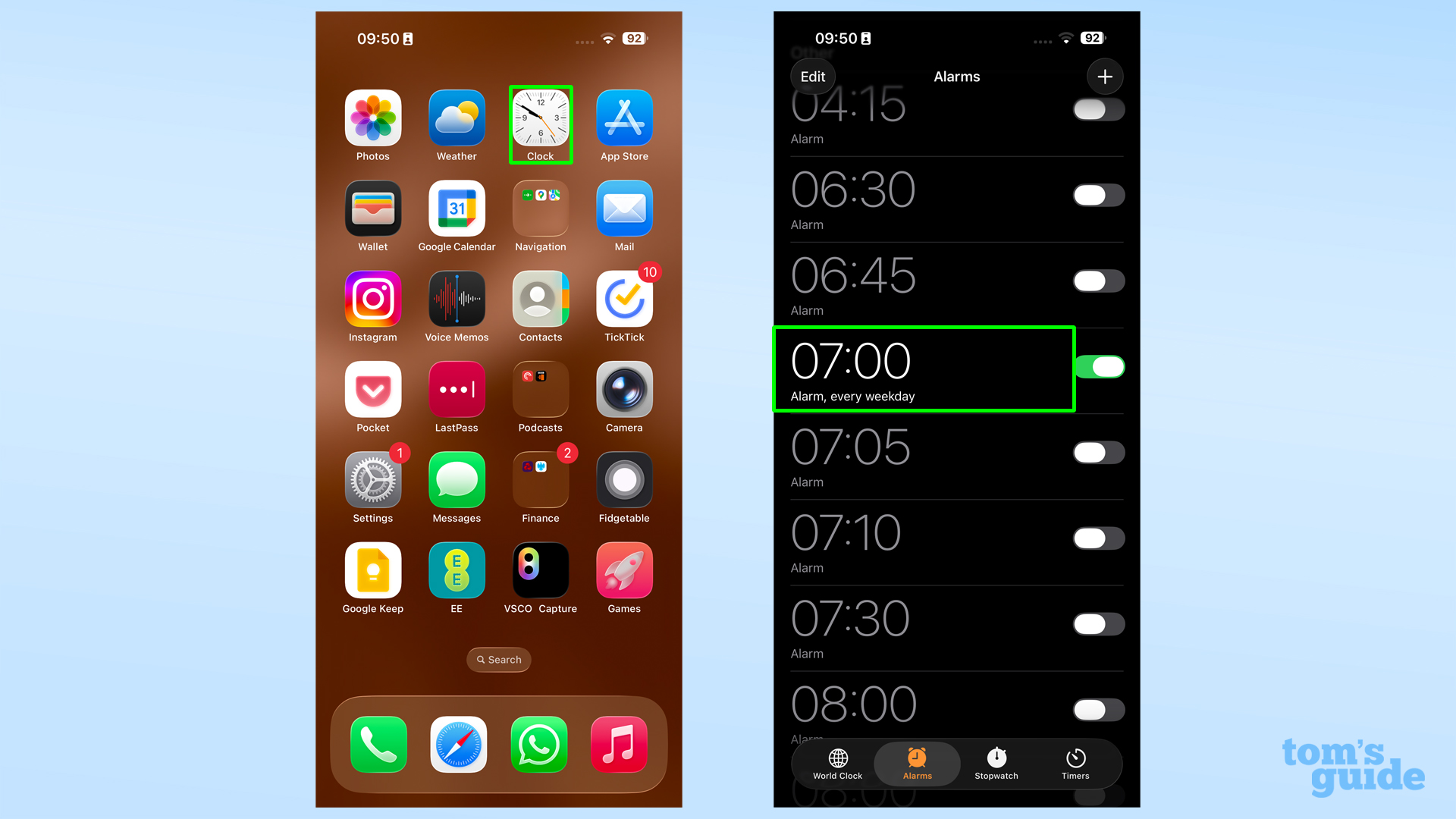 אפליקציית שעון IOS 26 על מסך הבית ורשימת האזעקה