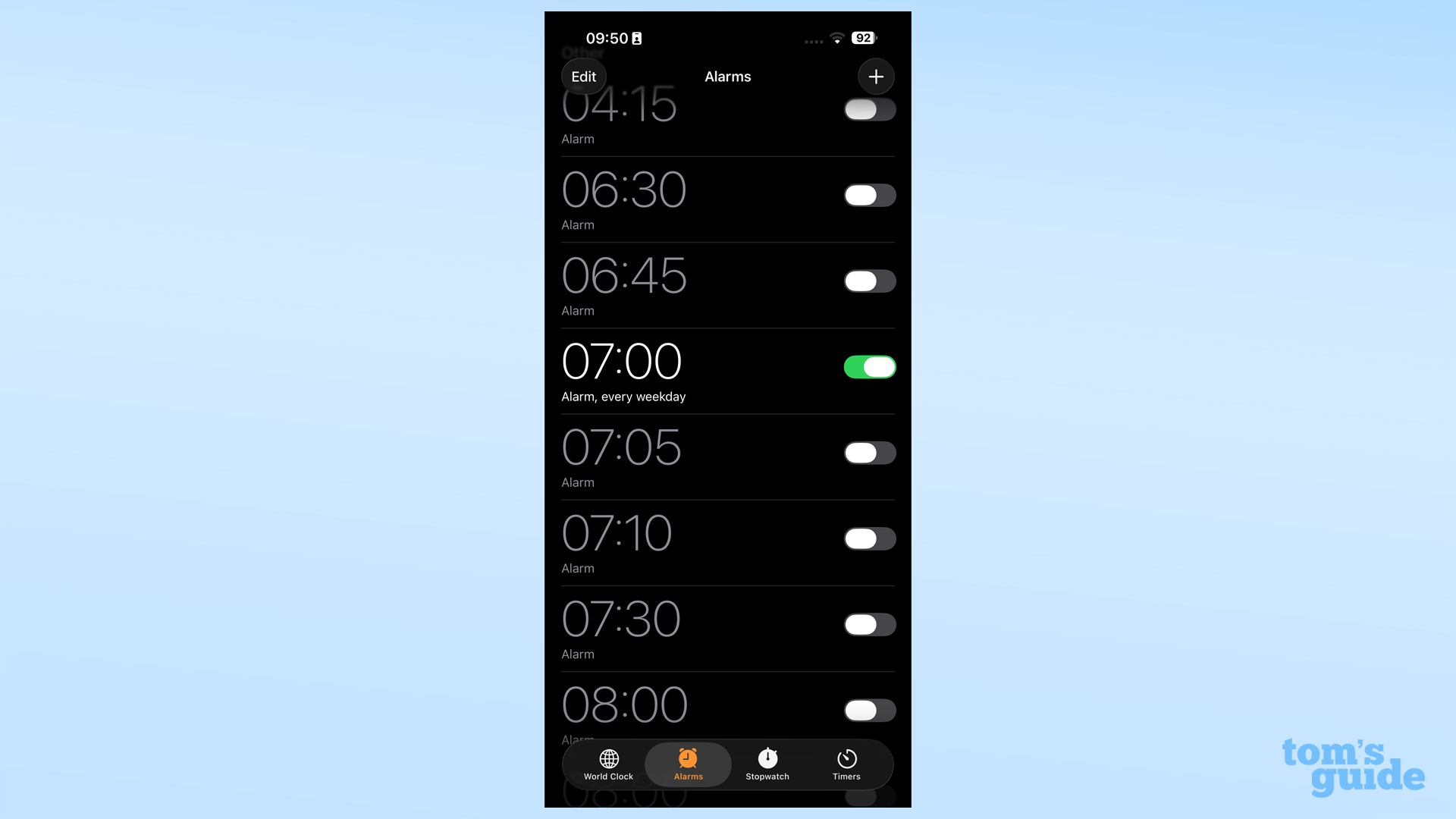 iOS 26 רשימת אזעקות אפליקציות שעון