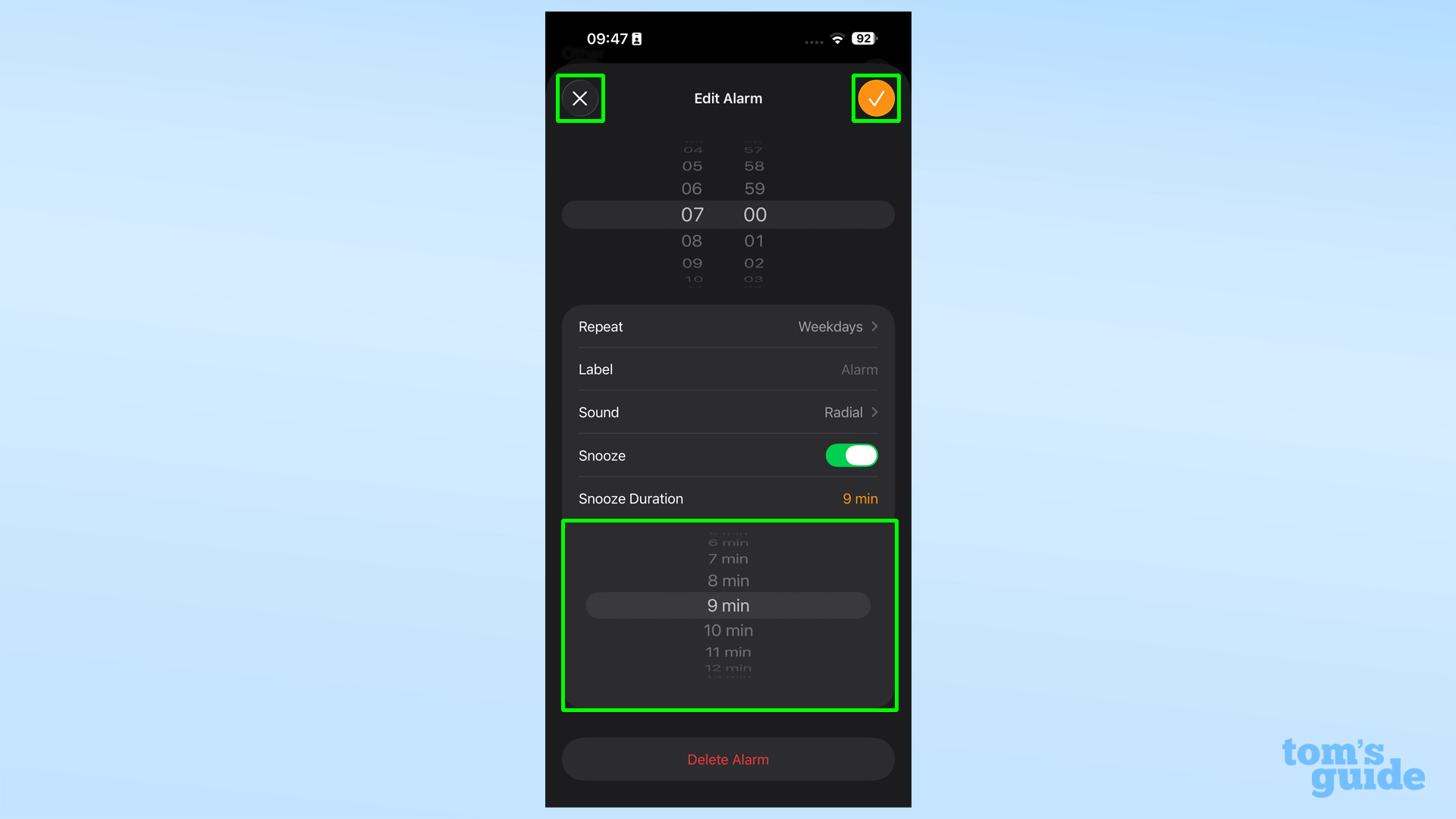 iOS 26 אפליקציית שעון עם אפשרויות גלגל נודניק פתוחות