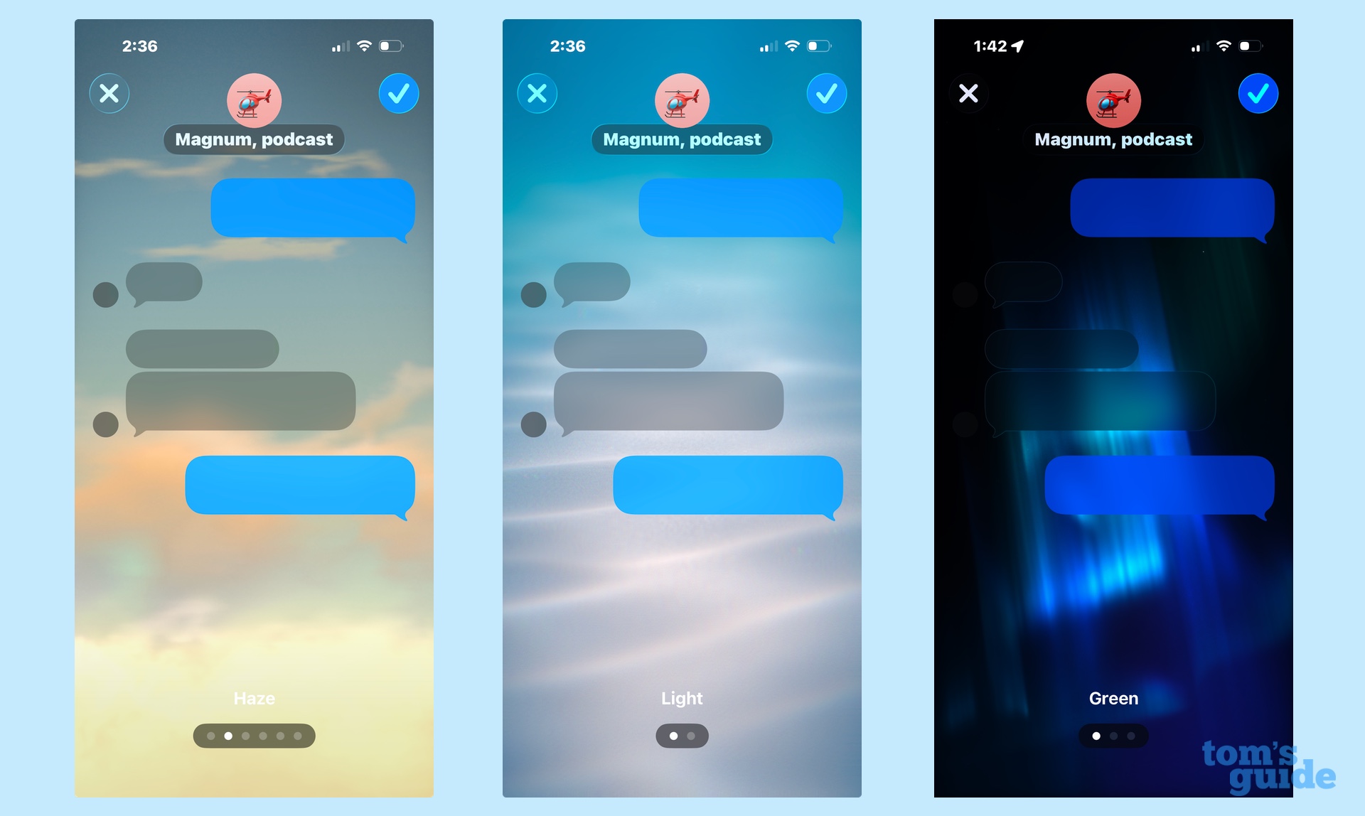 אפשרויות שמיים, מים ואורורה לרקע ב- iOS 26 הודעות