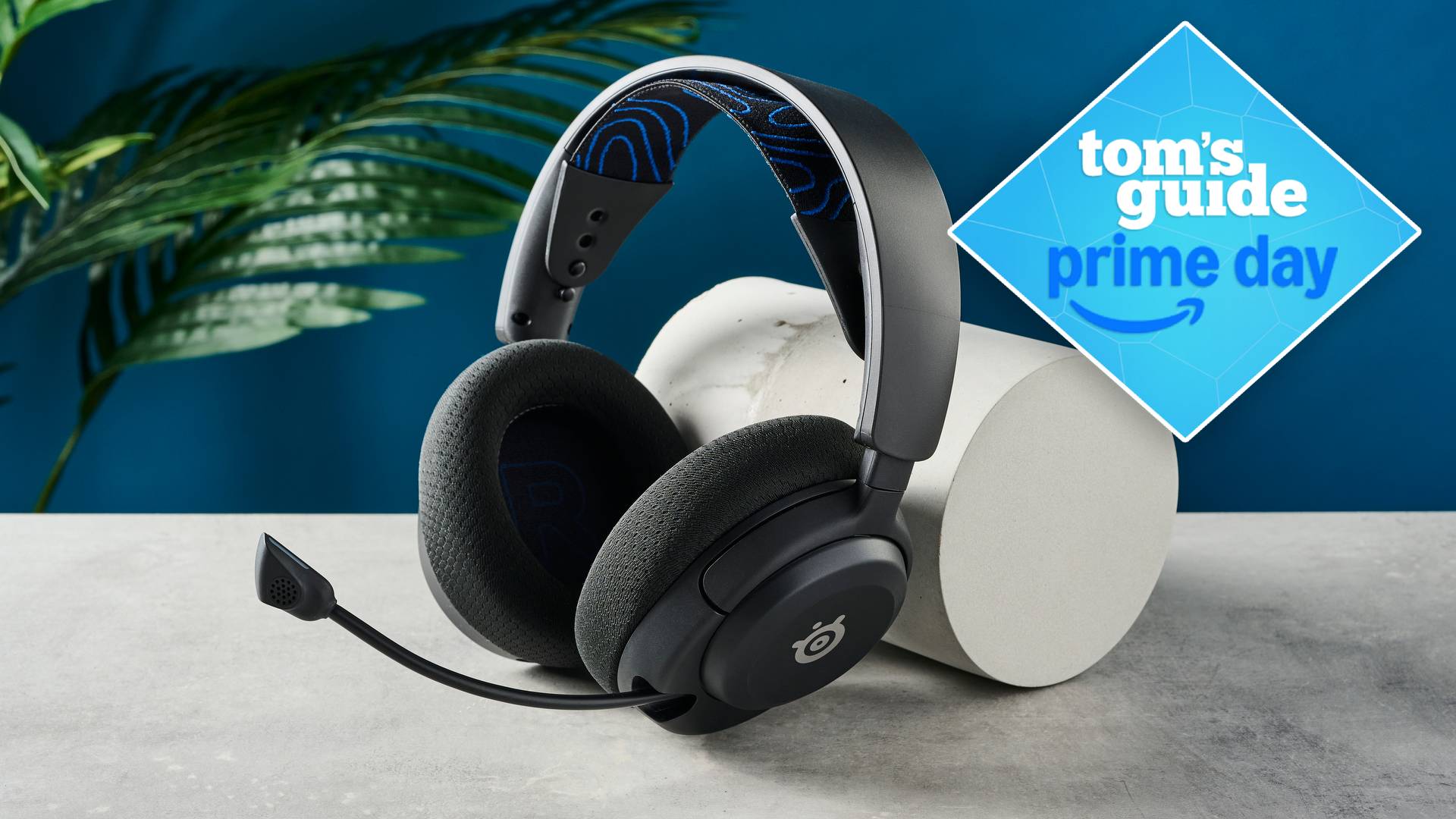SteelSeries Arctis Nova 5 על השולחן עם צמח ברקע עם תג מדריך טום#039;