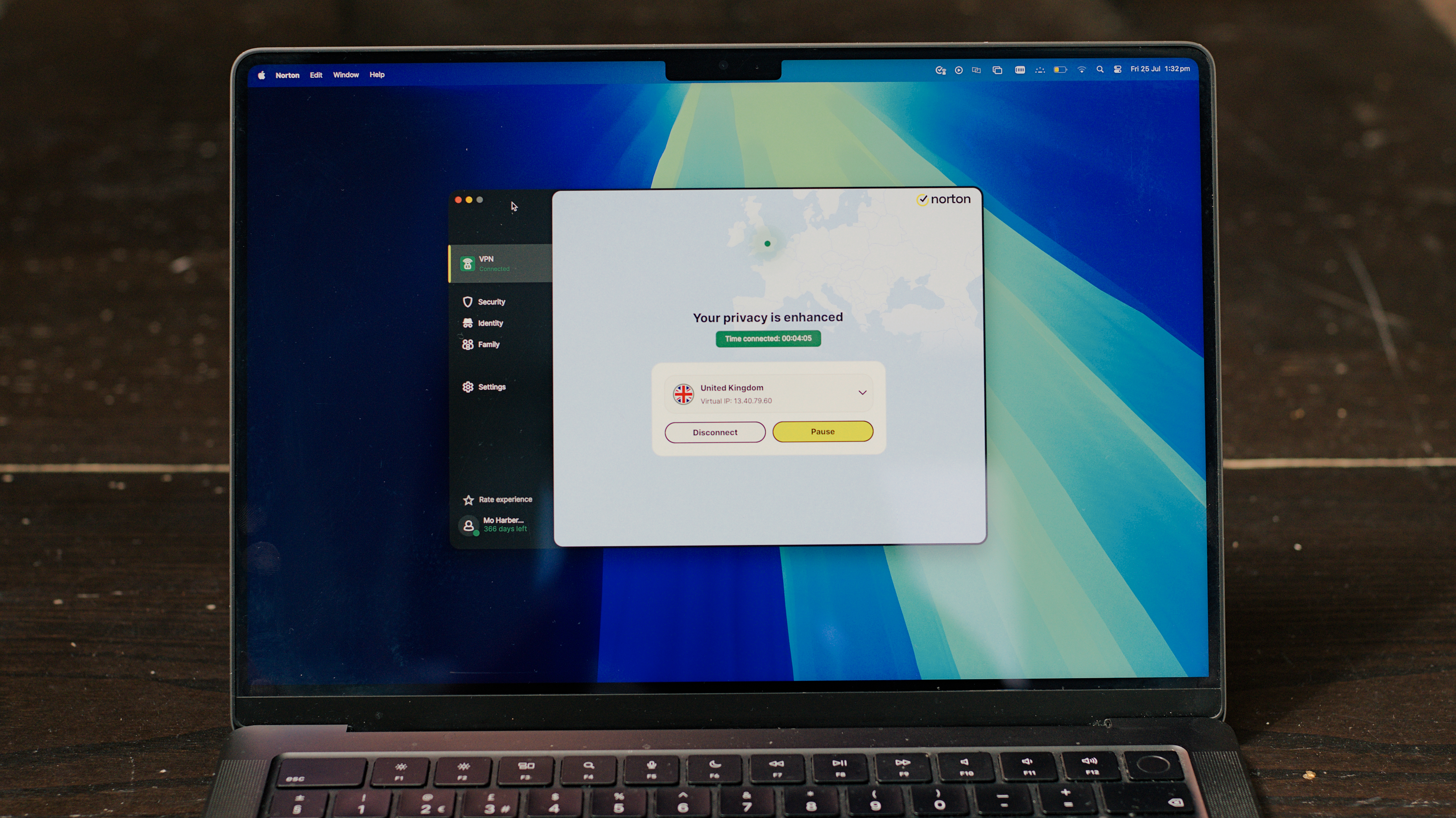 נורטון VPN פועל ב- MacBook Pro
