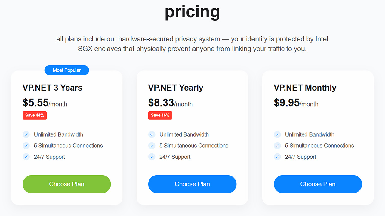 צילום מסך של התמחור של VP.NET. מוצגות שלוש תוכניות: חודש, שנה ושלוש שנים