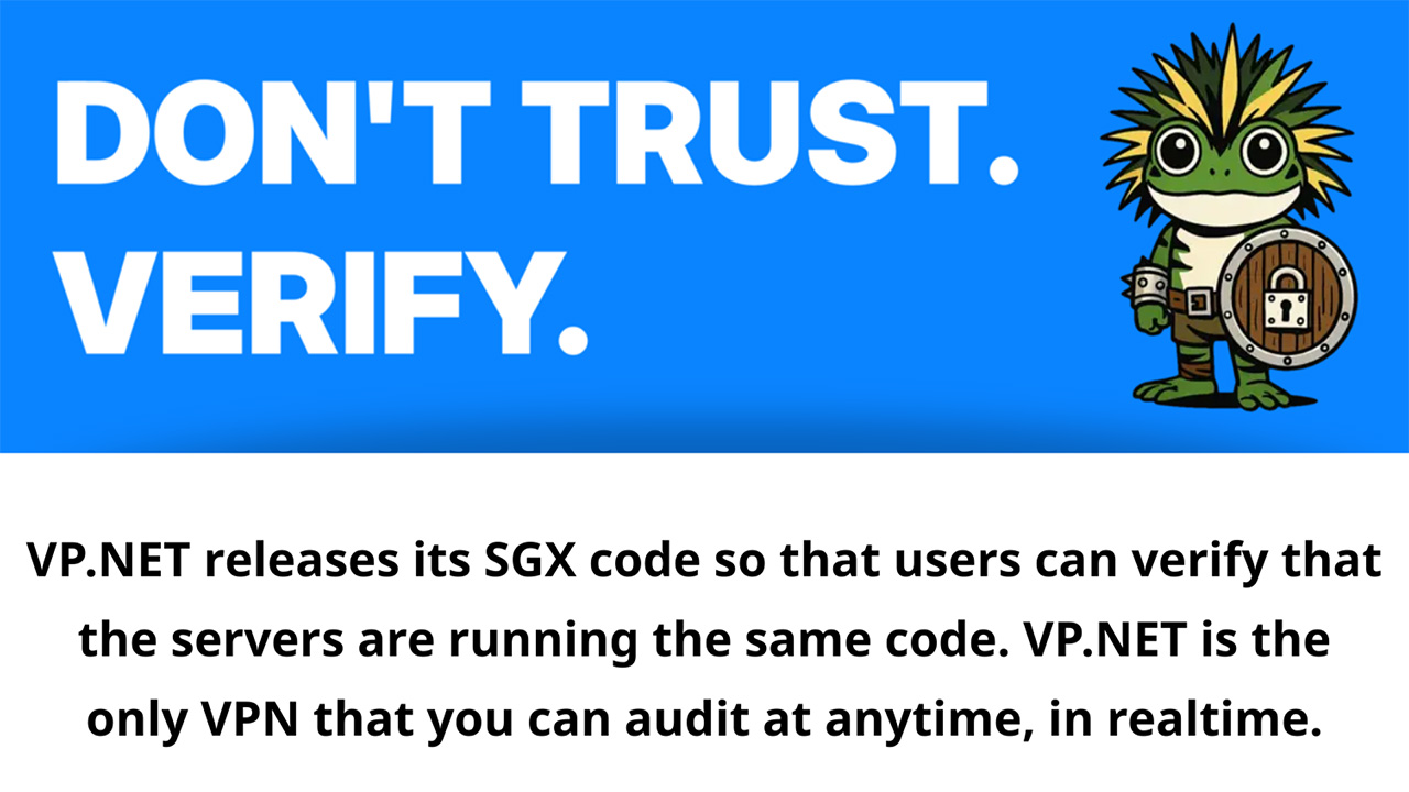 White "DON'T TRUST. VERIFY" text on blue background with reptilian graphic holding a privacy shield