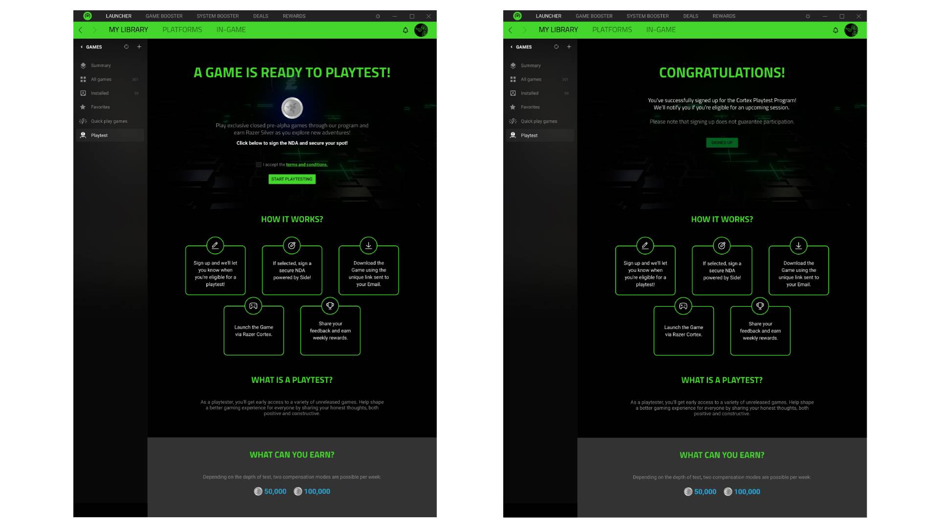 צילומי מסך של תוכנית PlayTest של Razer Cortex