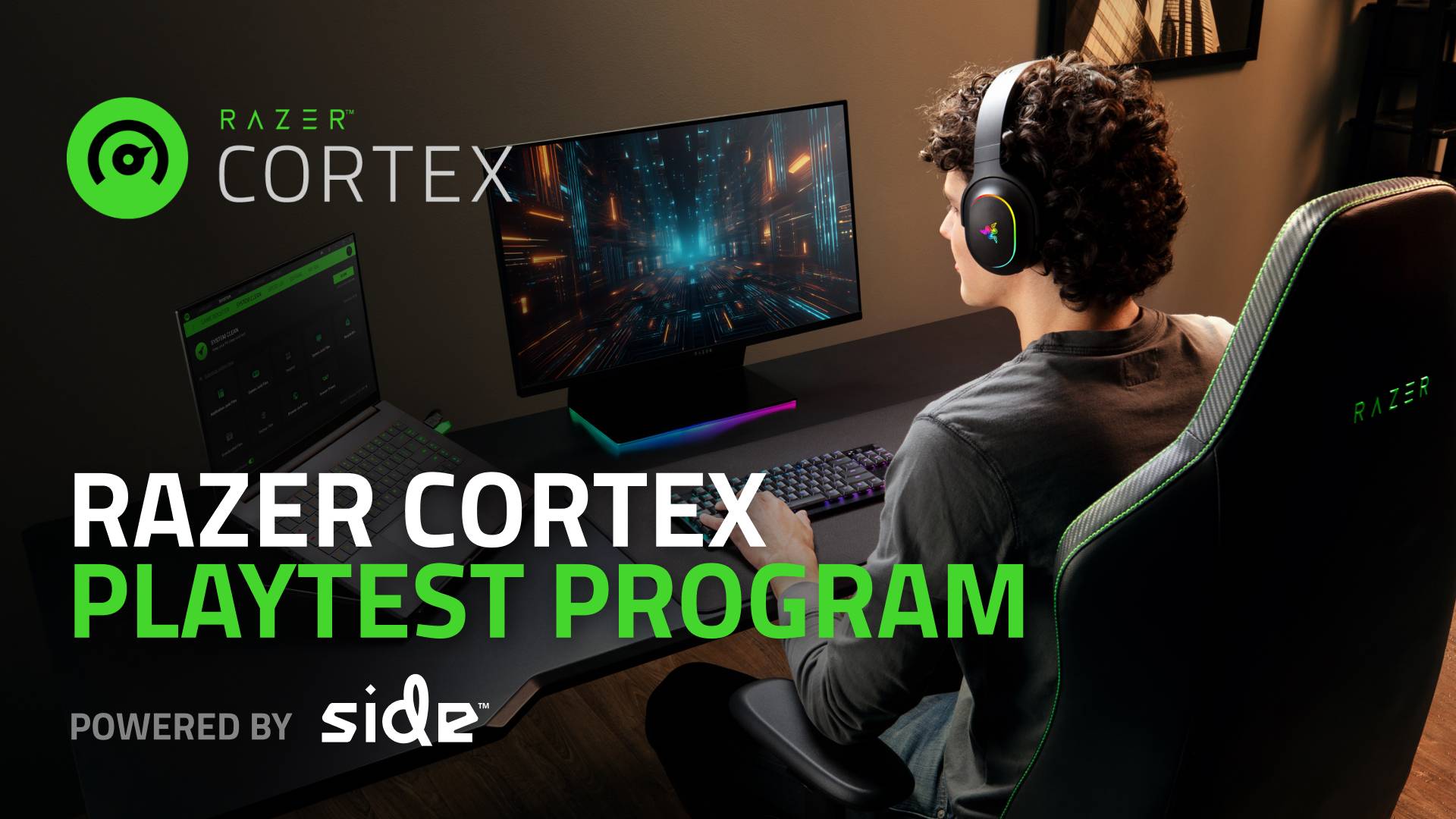 Razer Cortex Playtest תוכנית שיווק תמונת שיווק עם אדם עם אוזניות משחקים במשחקים בתצוגת צג