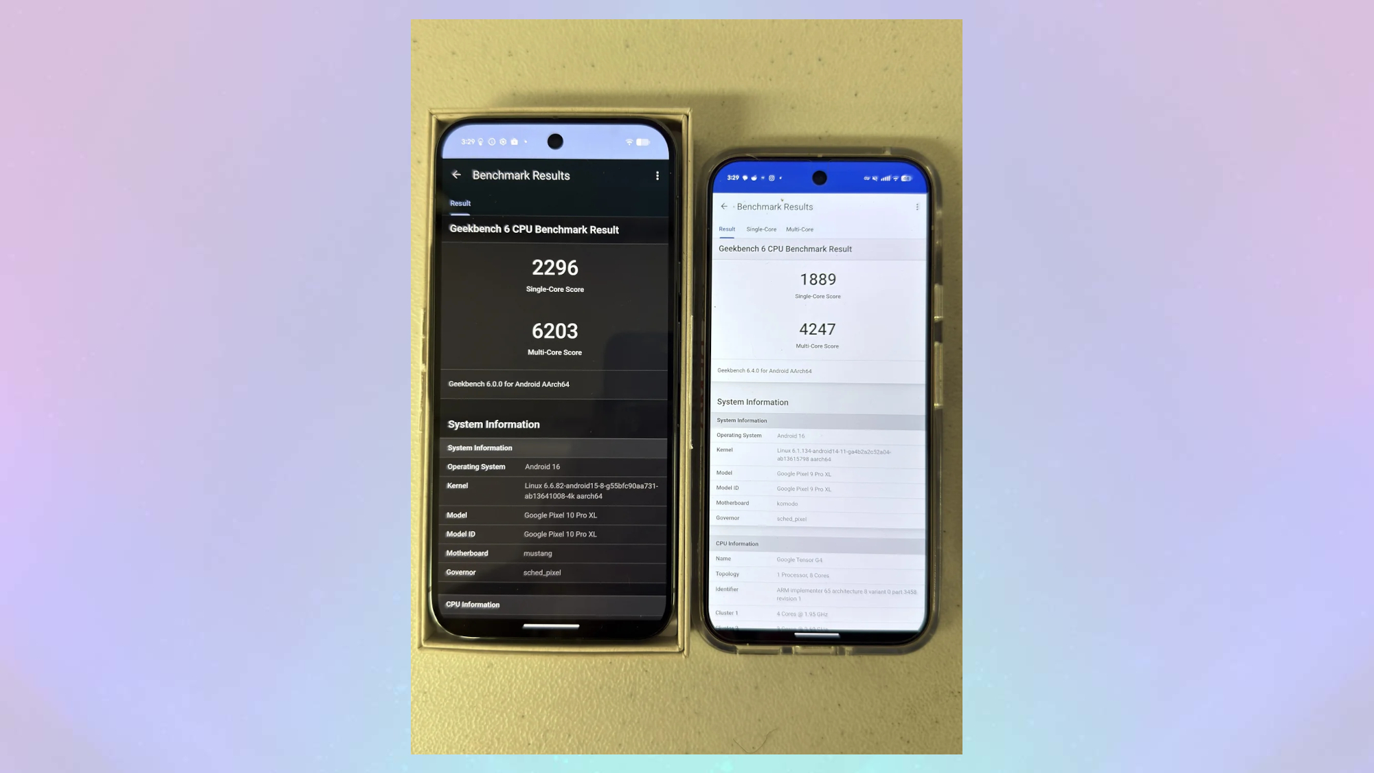 PIXEL 10 Pro XL (משמאל) לעומת PIXEL 9 Pro XL (מימין) ציוני GeekBench