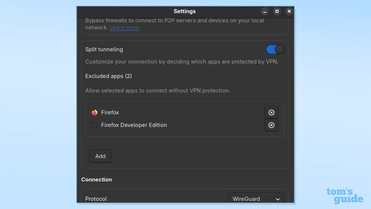 צילום מסך של תכונת VPN של פרוטון ב- Linux