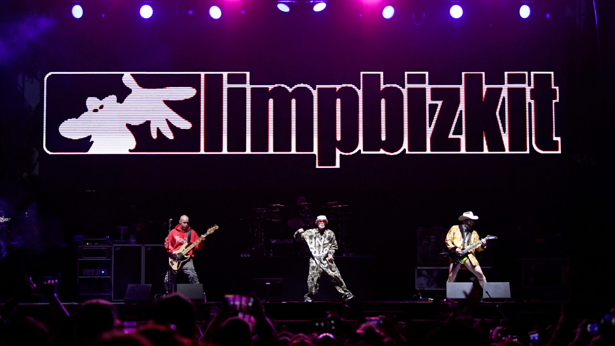 Sam Rivers, Fred Durst and Wes Borland of Limp Bizkit perform onstage at KROQ Weenie Roast &amp; Luau at Doheny State Beach on June 08, 2019 in Dana Point, California.