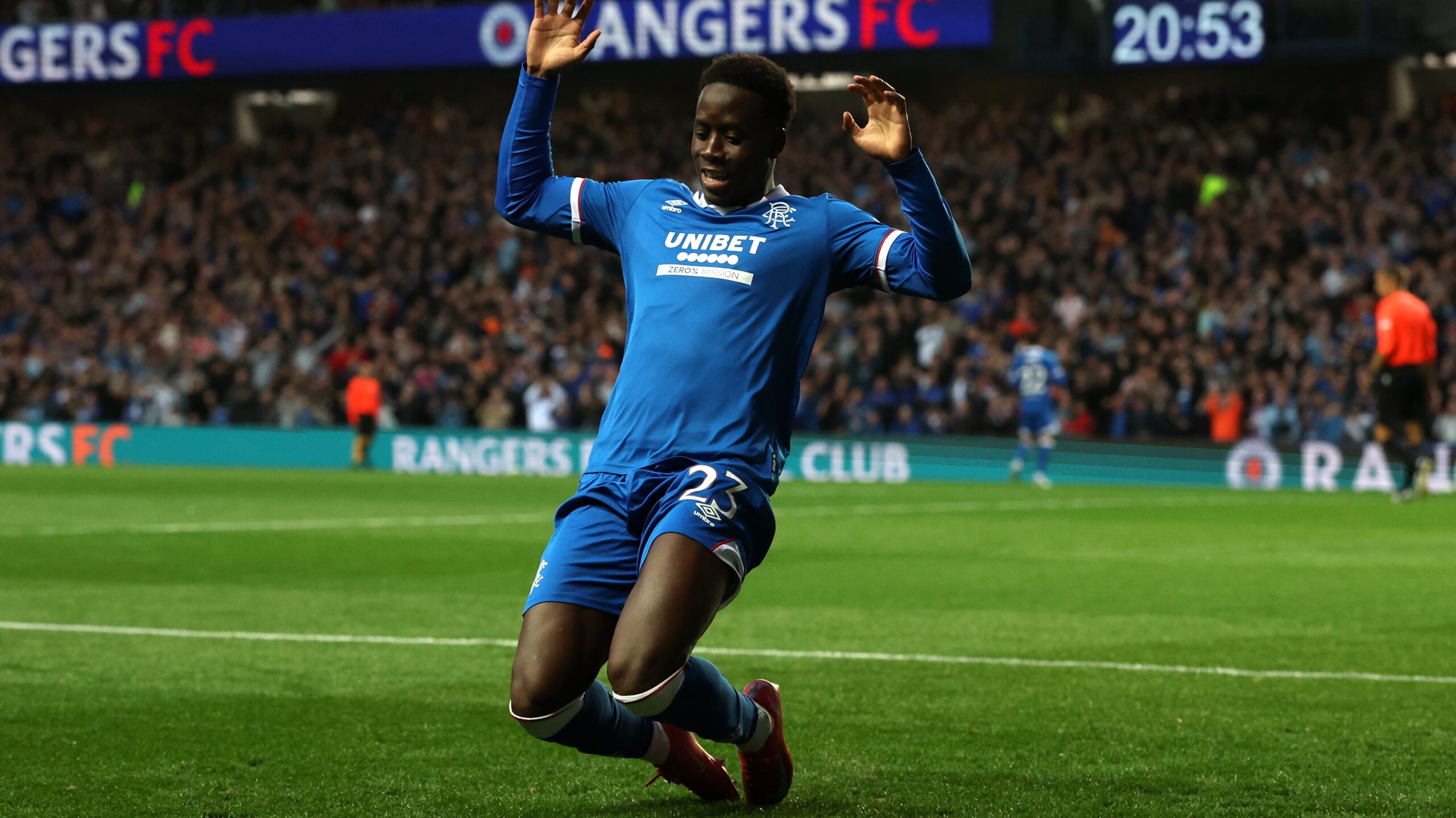 Djeidi Gassama of Rangers celebrates scoring his team's third goal during the UEFA Champions League Third Qualifying Round First Leg match between Rangers and Viktoria Plzen at Ibrox Stadium on August 05, 2025 in Glasgow, Scotland.