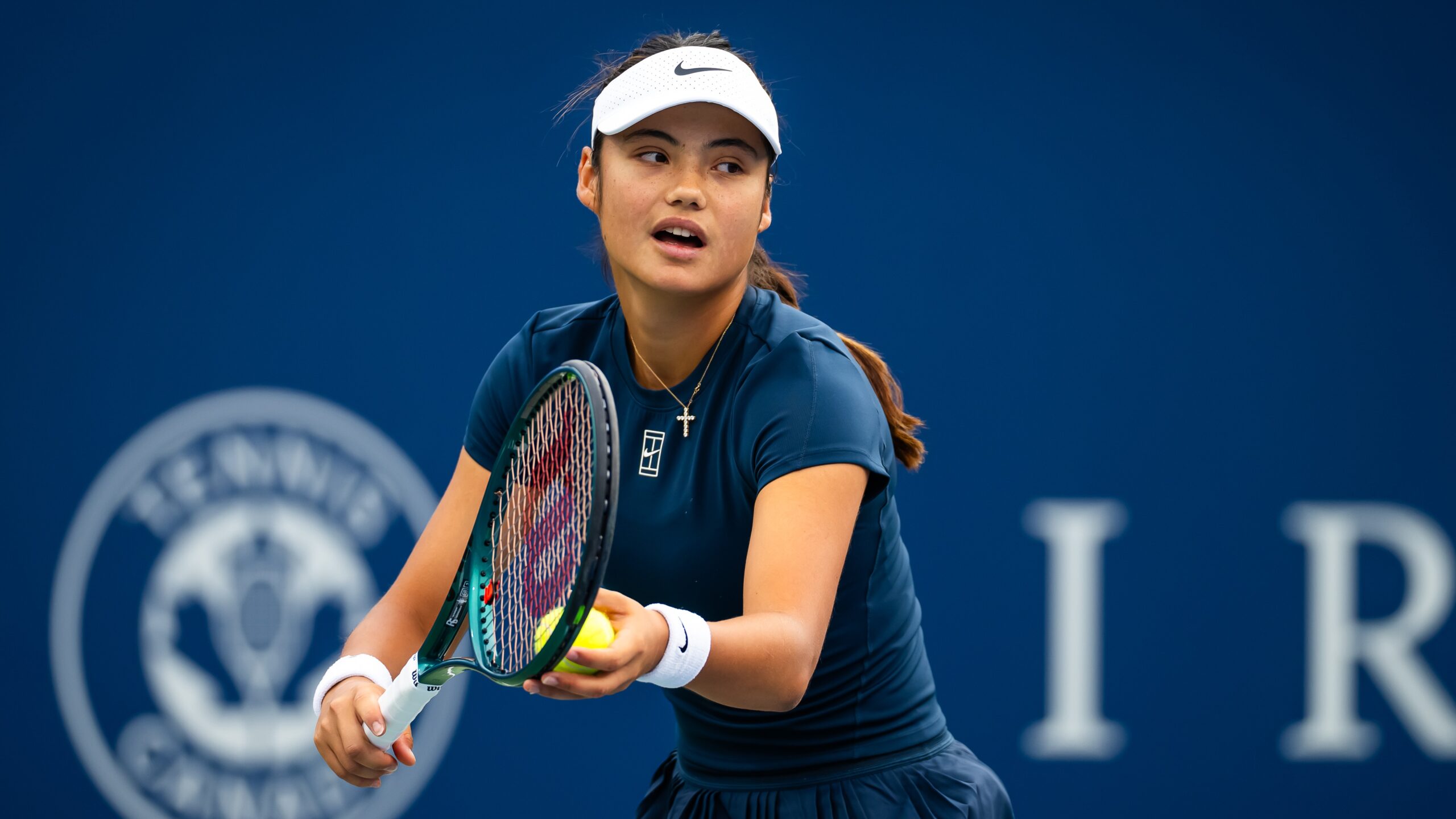 Emma Raducanu of Great Britain in action against Peyton Stearns of the United States in the second round of the National Bank Open at Stade IGA on July 30, 2025 in Montreal, Quebec