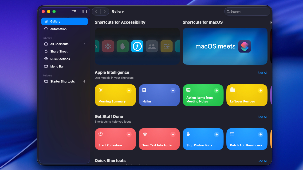 אפליקציית קיצורי דרך של MacOS Tahoe בפעולה