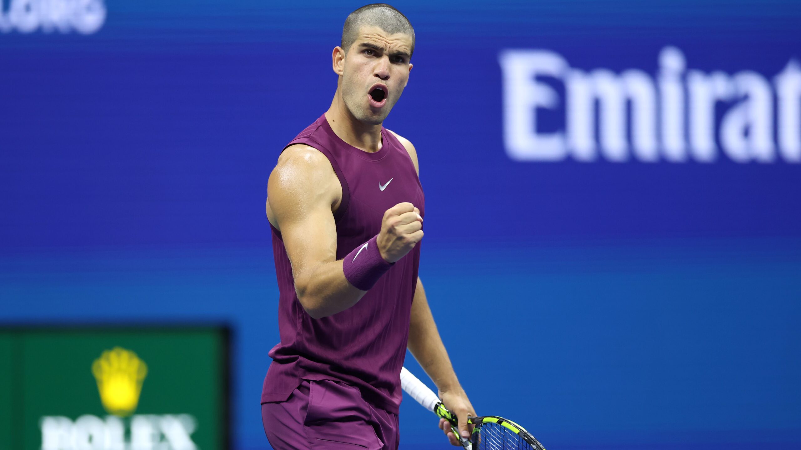 Carlos Alcaraz of Spain celebrates after winning the second set against Reilly Opelka of the United States during their Men's Singles First Round match on Day Two of the 2025 US Open at USTA Billie Jean King National Tennis Center on August 25, 2025 in the Flushing neighborhood of the Queens borough of New York City.