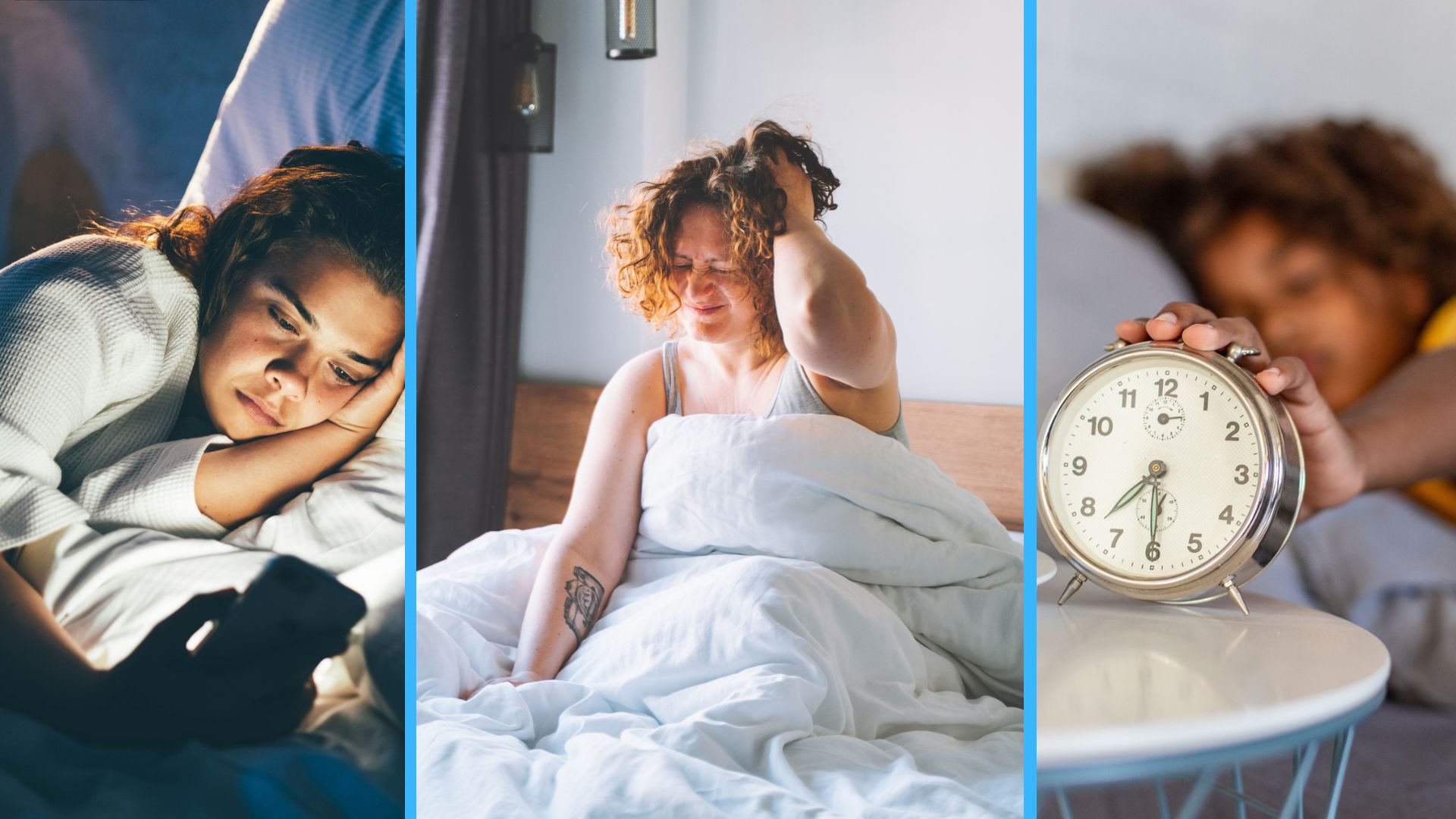 שלוש תמונות של נשים ששינה לקויה על ידי נמנם האזעקה שלהן, עוברות לטלפון שלהן וישנות