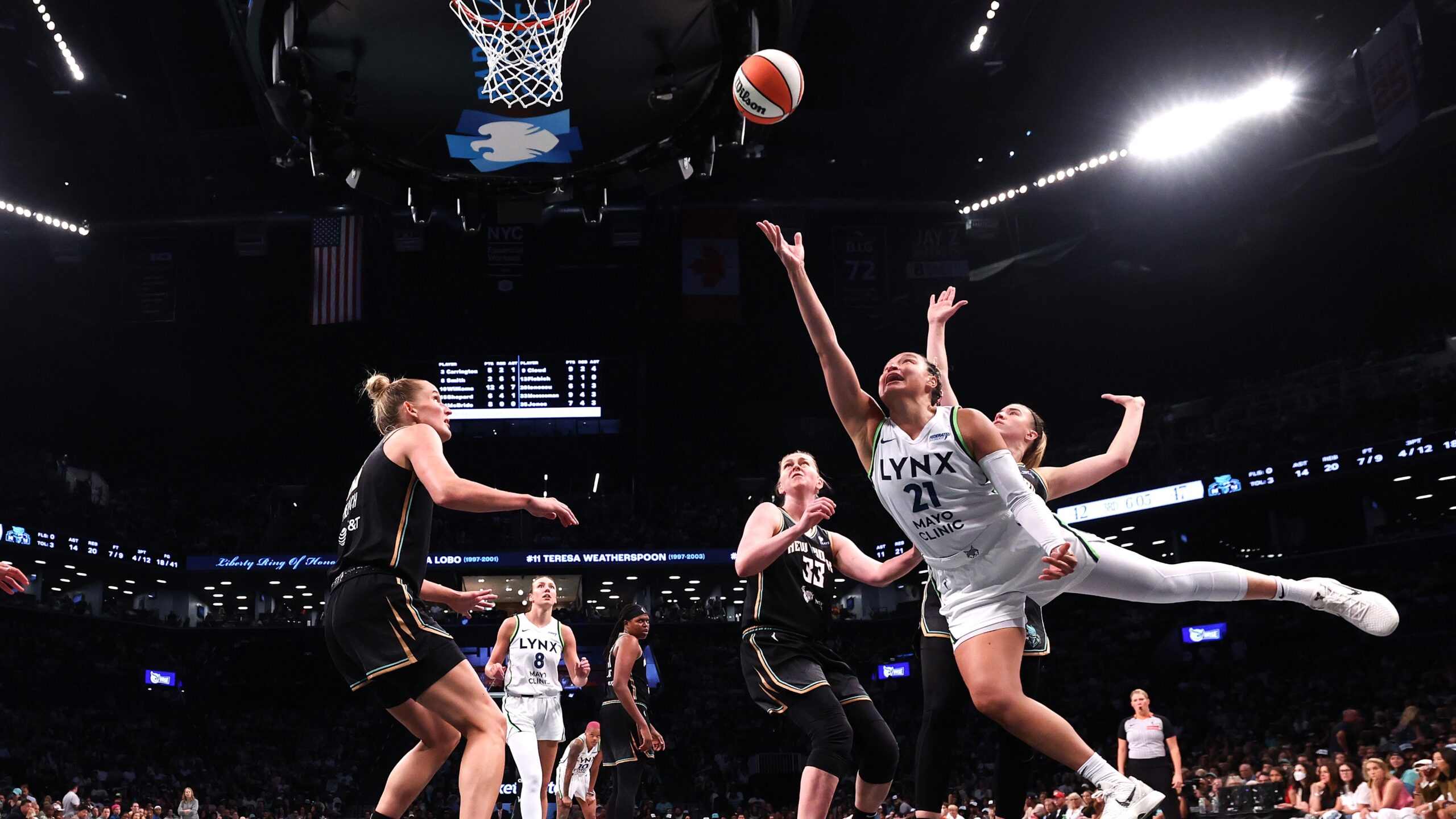 Kayla McBride #21 of the Minnesota Lynx shoots the ball during the second half against the New York Liberty at Barclays Center on August 10, 2025 in the Brooklyn borough of New York City. NOTE TO USER: User expressly acknowledges and agrees that, by downloading and or using this photograph, User is consenting to the terms and conditions of the Getty Images License Agreement.