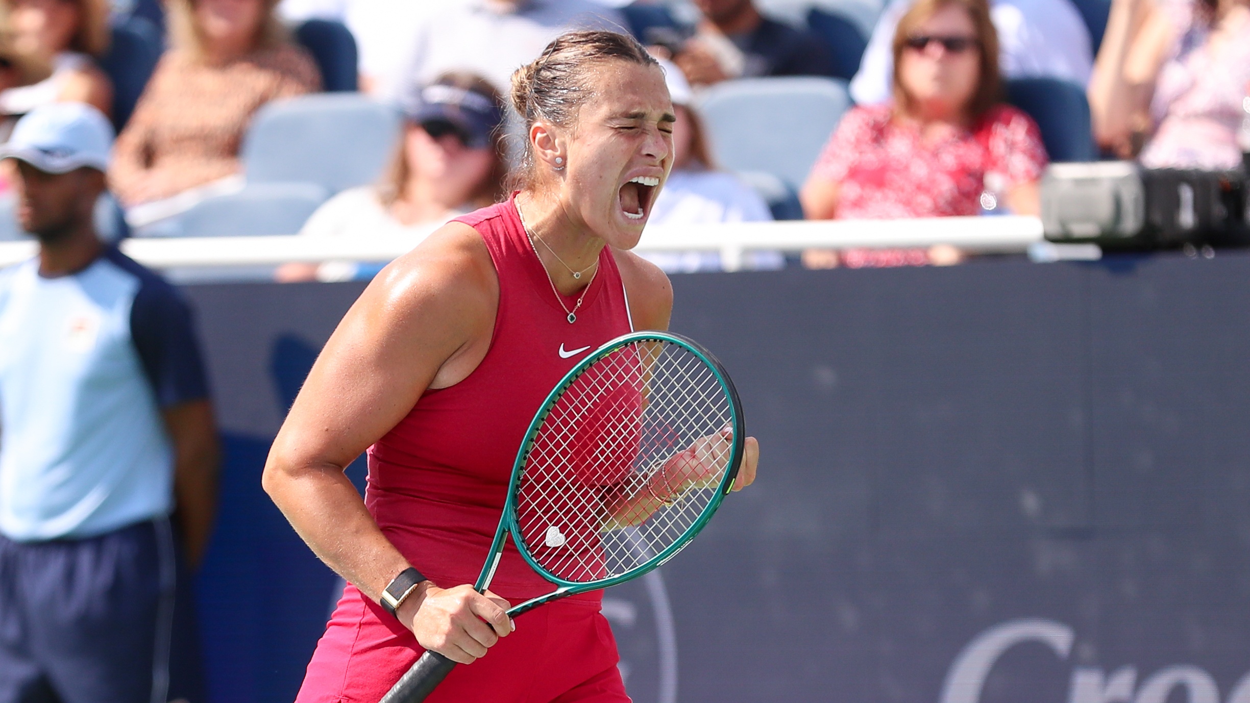 Aryna Sabalenka of Belarus reacts during the final round of the Cincinnati Open on August 19, 2024, at the Lindner Family Tennis Center in Mason, OH.