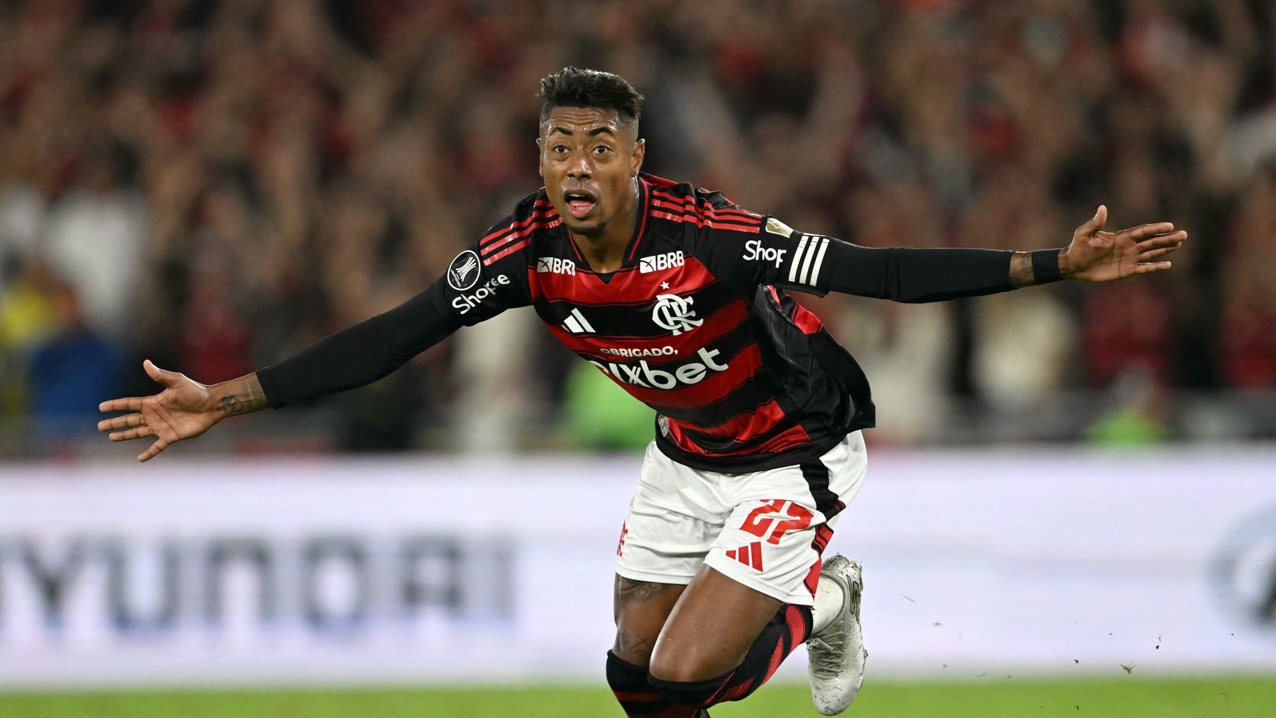 Bruno Henrique celebrates scoring his team's first goal during the Copa Libertadores round of 16 first leg all-Brazilian football match between Flamengo and Internacional at the Maracana stadium in Rio de Janeiro, Brazil, on August 13, 2025.