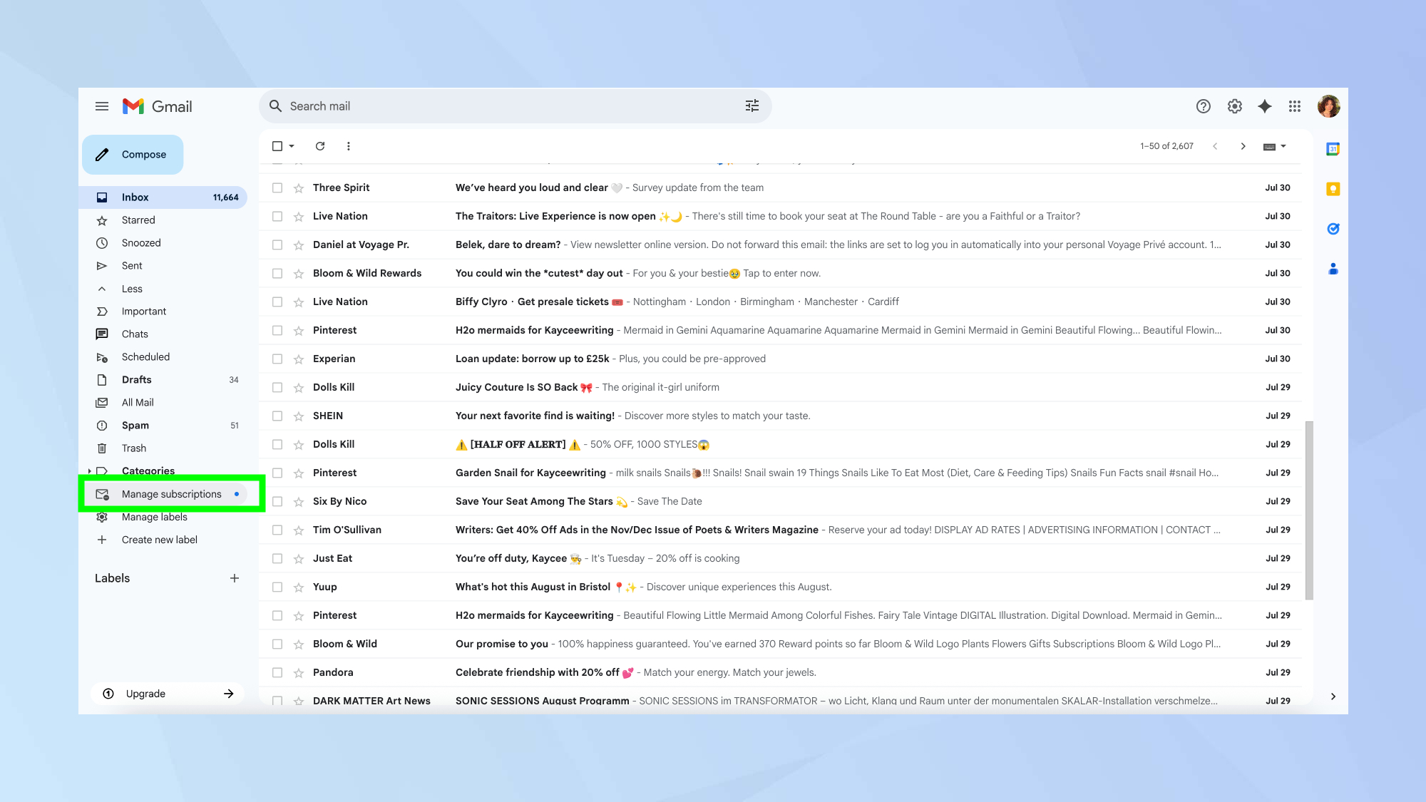 Gmail ניהול מנויים