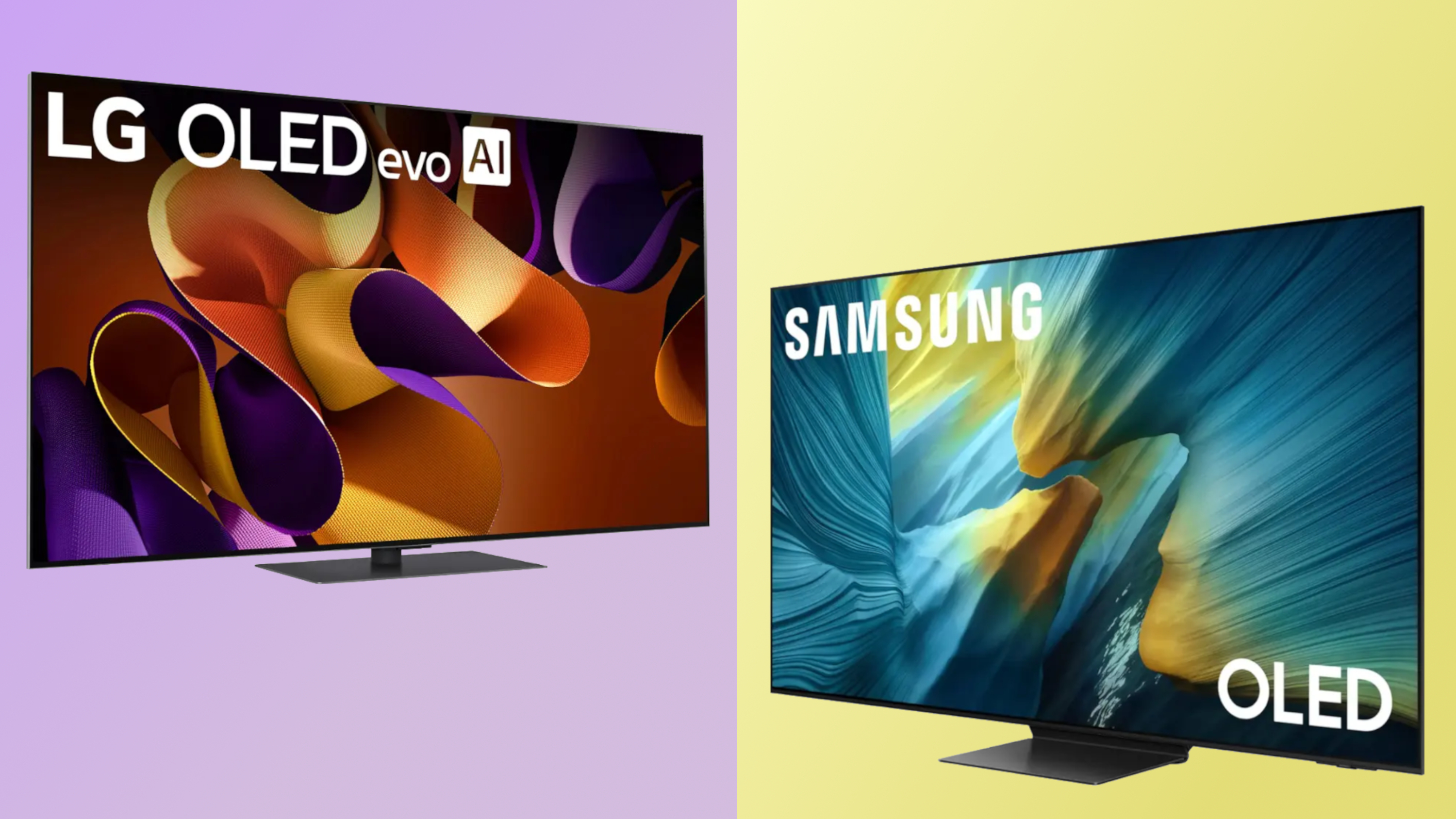 ה- LG G4 OLED ו- SAMSUNG S95F OLED מול רקע צבעוני בתמונה זו לצד זו