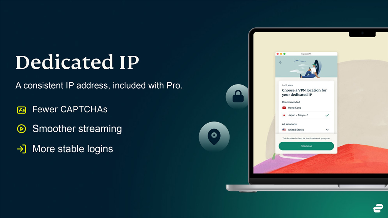 ExpressVPN מידע על IP ייעודי. התכונה מוצגת על מסך מחשב נייד