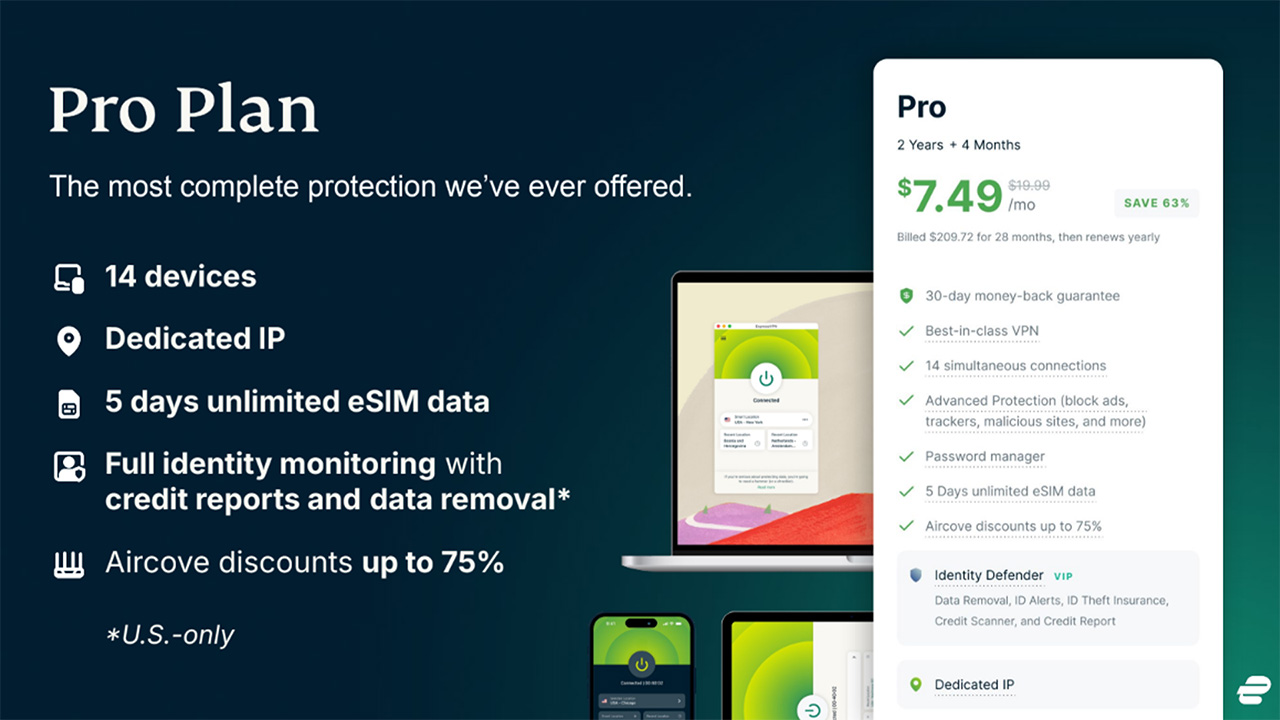 מחיר תכנית ExpressVPN Pro וסקירה כללית של תכונות, עם אפליקציית ExpressVPN המוצגת בסמארטפון